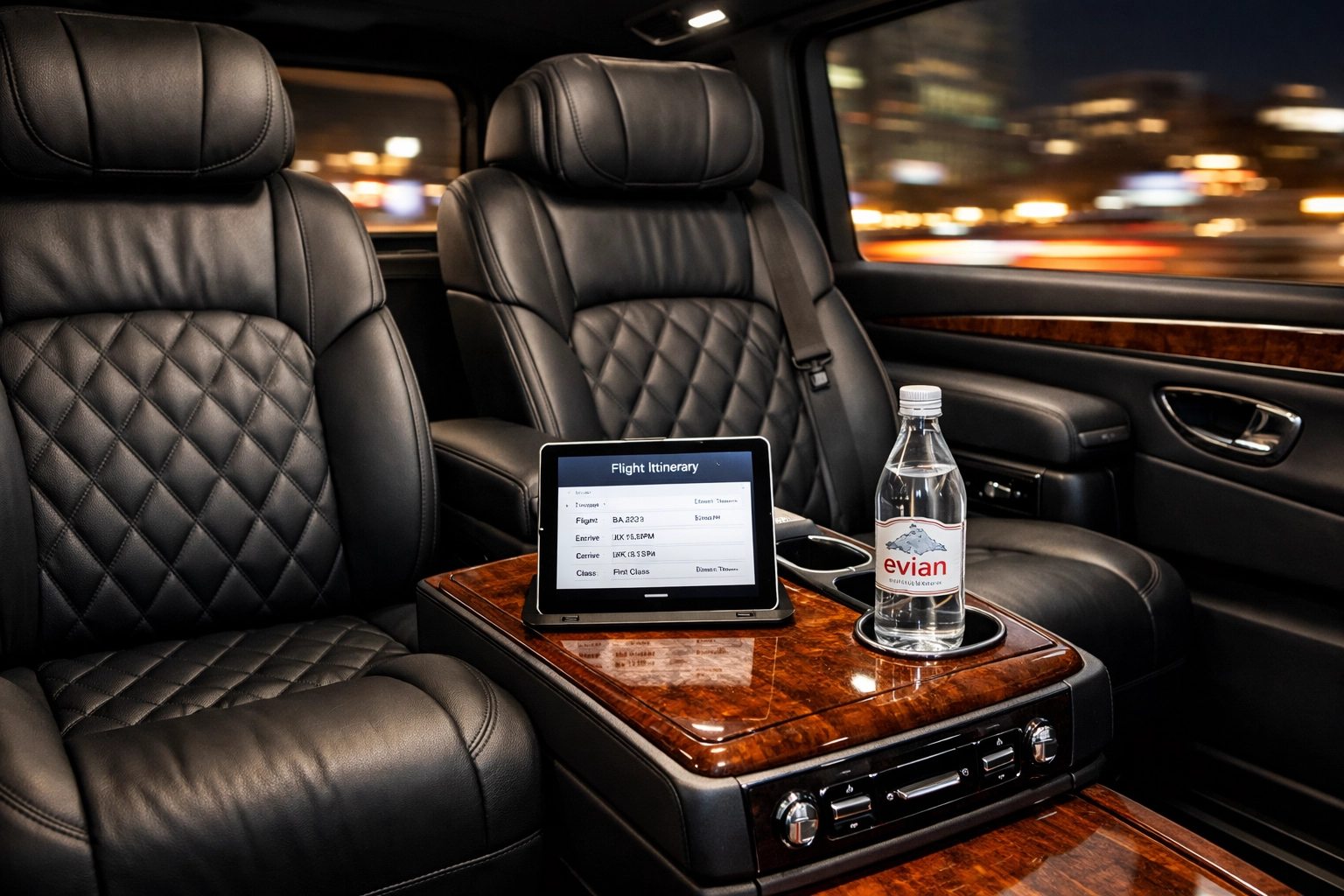 Interior of a luxury executive chauffeur vehicle with premium leather seating for corporate travel logistics.