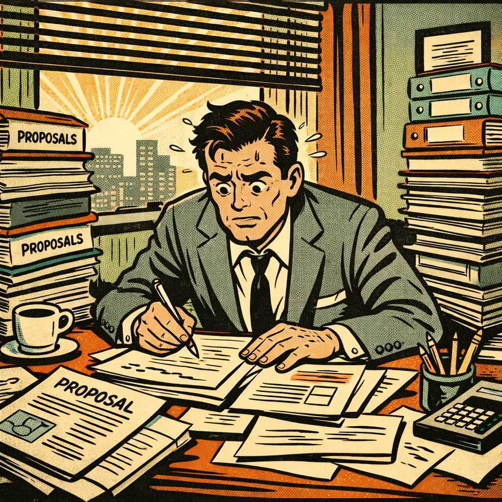 Frustrated proposal writer surrounded by disorganized federal proposal documents at cluttered desk
