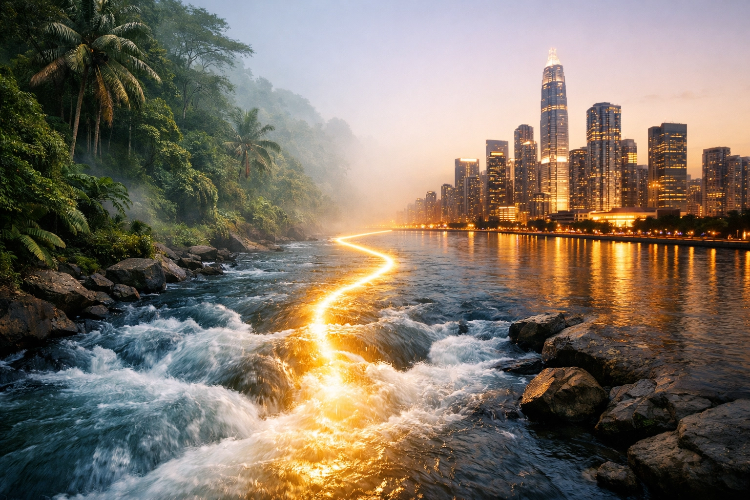 A river acting as a bridge between a lush jungle and a city skyline, representing a universal move of the Holy Spirit.