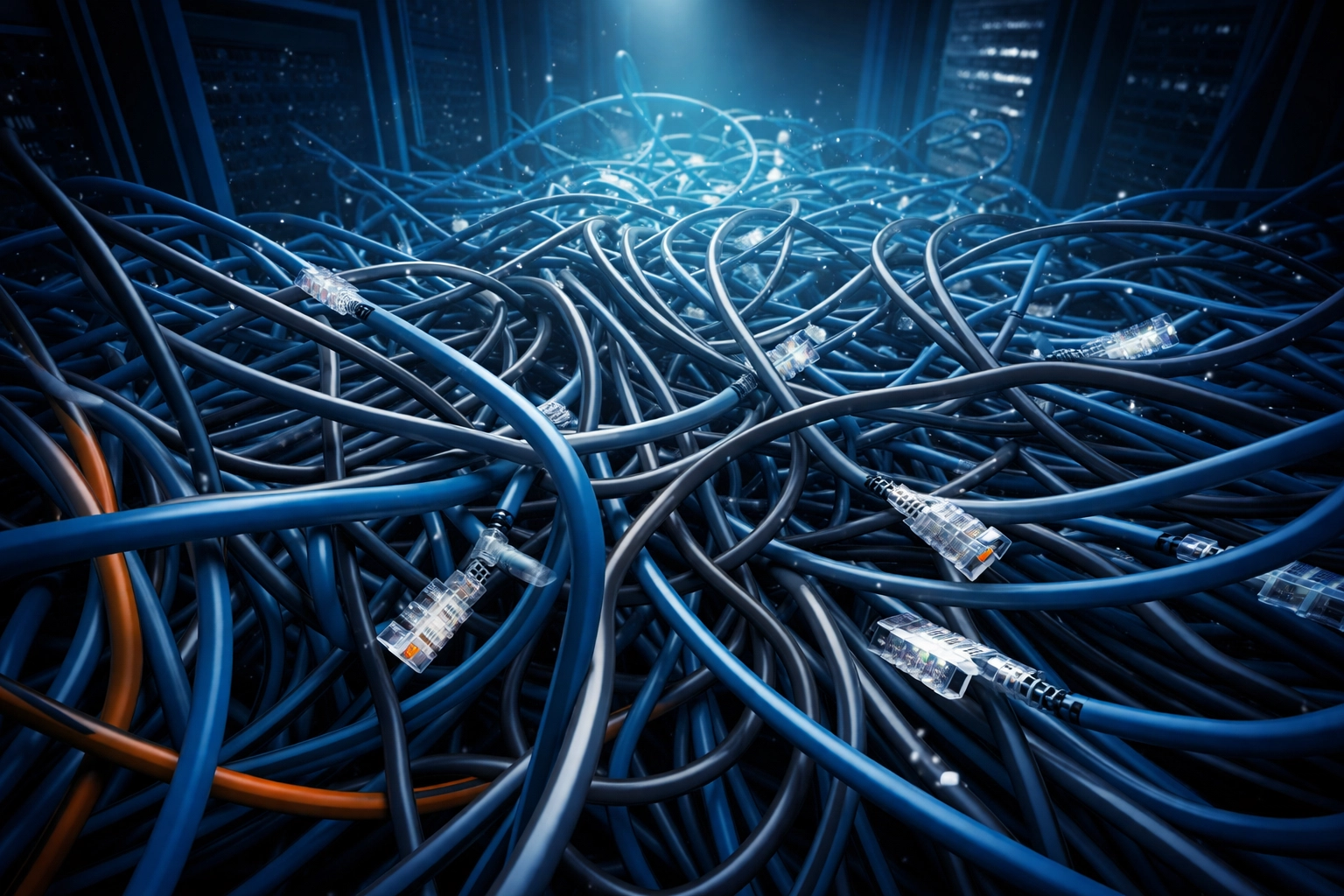 Tangled network cables in a server room illustrating the challenges of unmanaged network cabling installation