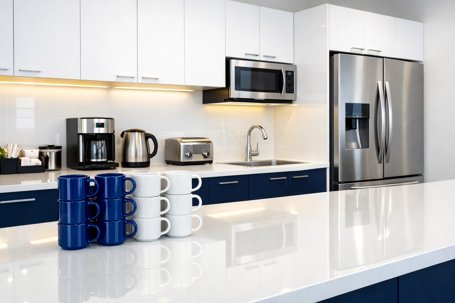 Reflective countertops in a pristine office breakroom following professional commercial cleaning in Westford.