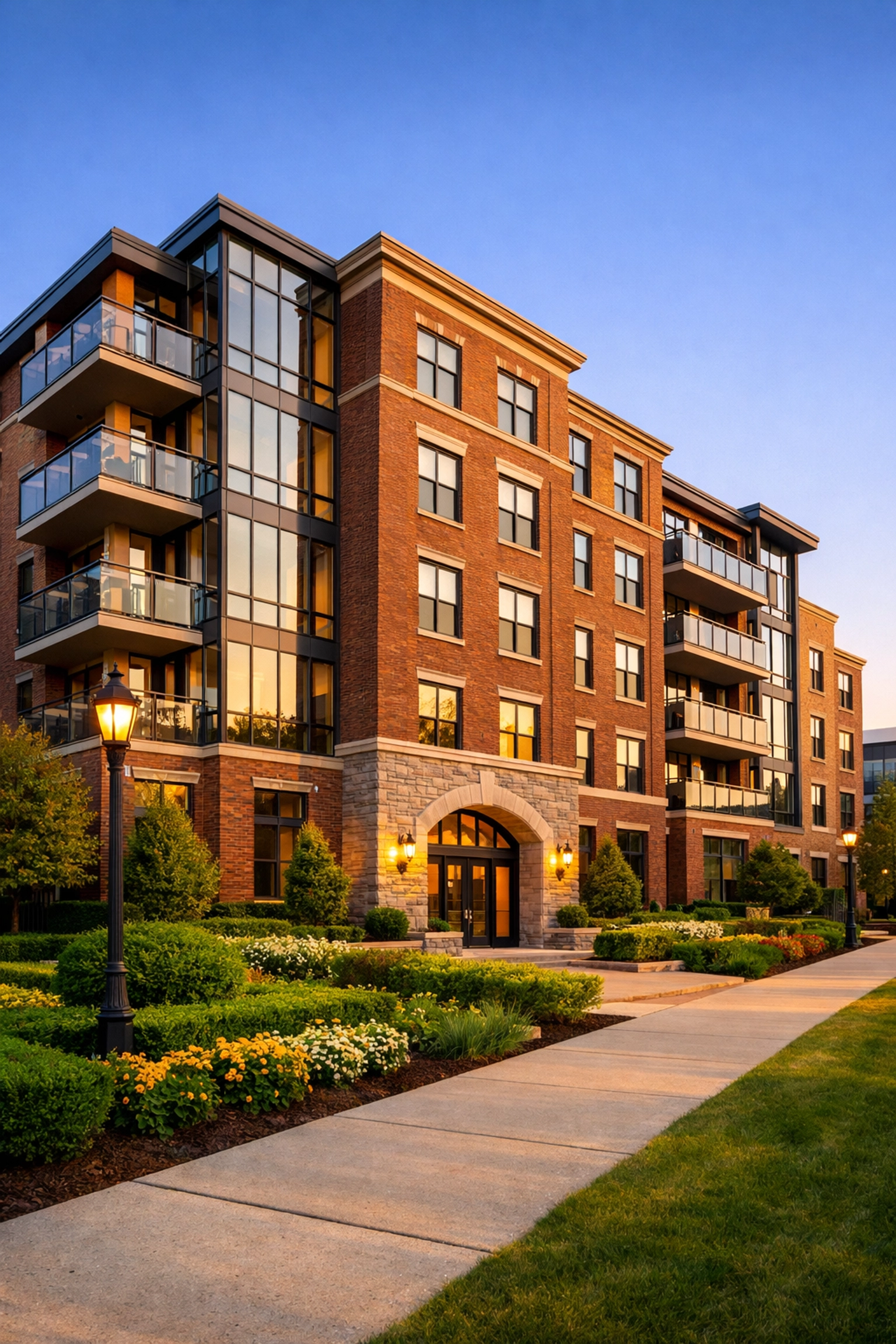 Well-maintained exterior of a Detroit residential building with professional landscaping and clean sidewalks.