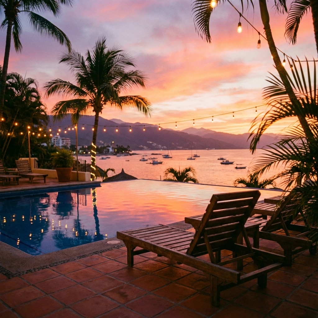 Sunset over a condo pool and Banderas Bay in Puerto Vallarta, with empty lounge chairs and string lights