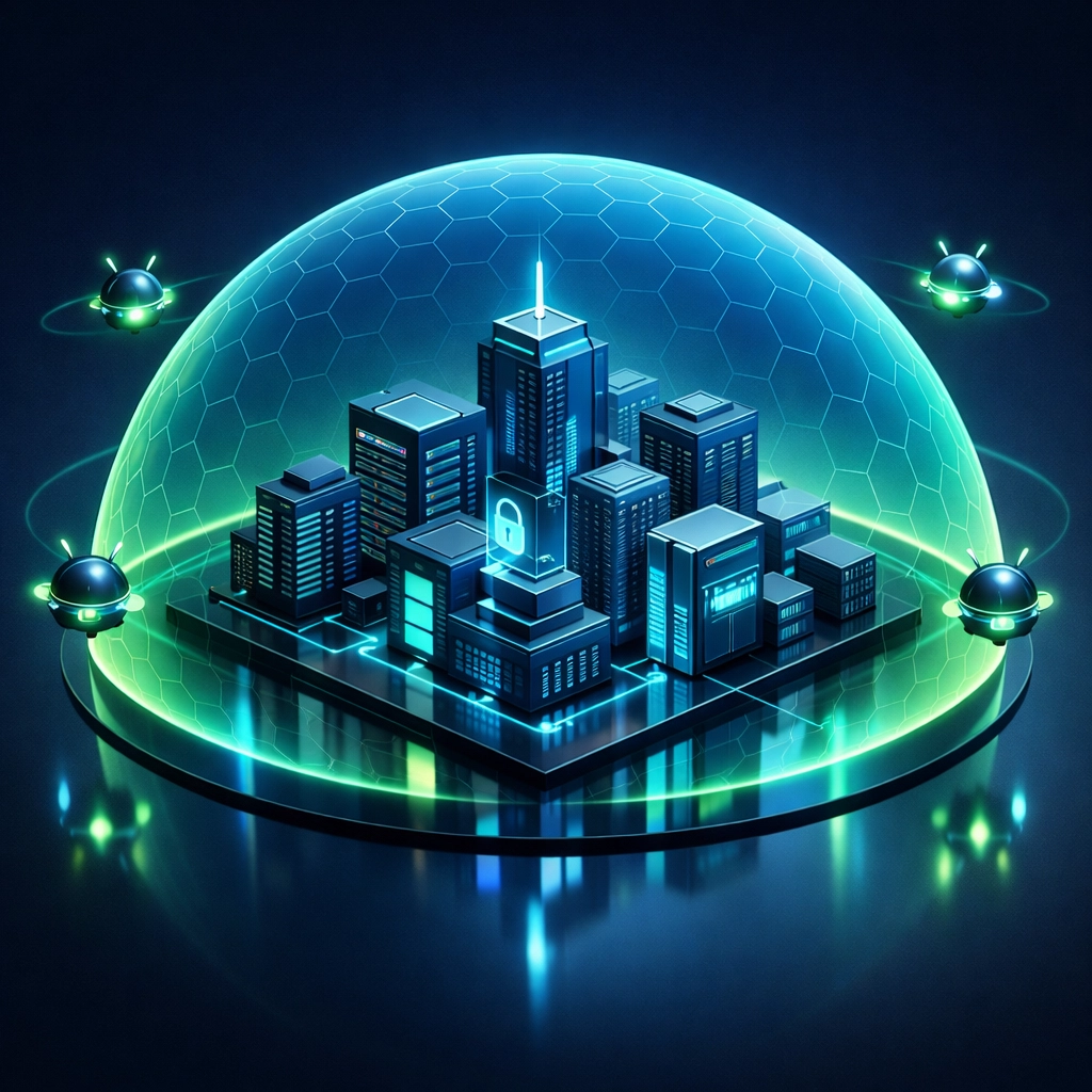 A glowing hexagonal shield protecting a corporate digital network from evolving AI cybersecurity threats.