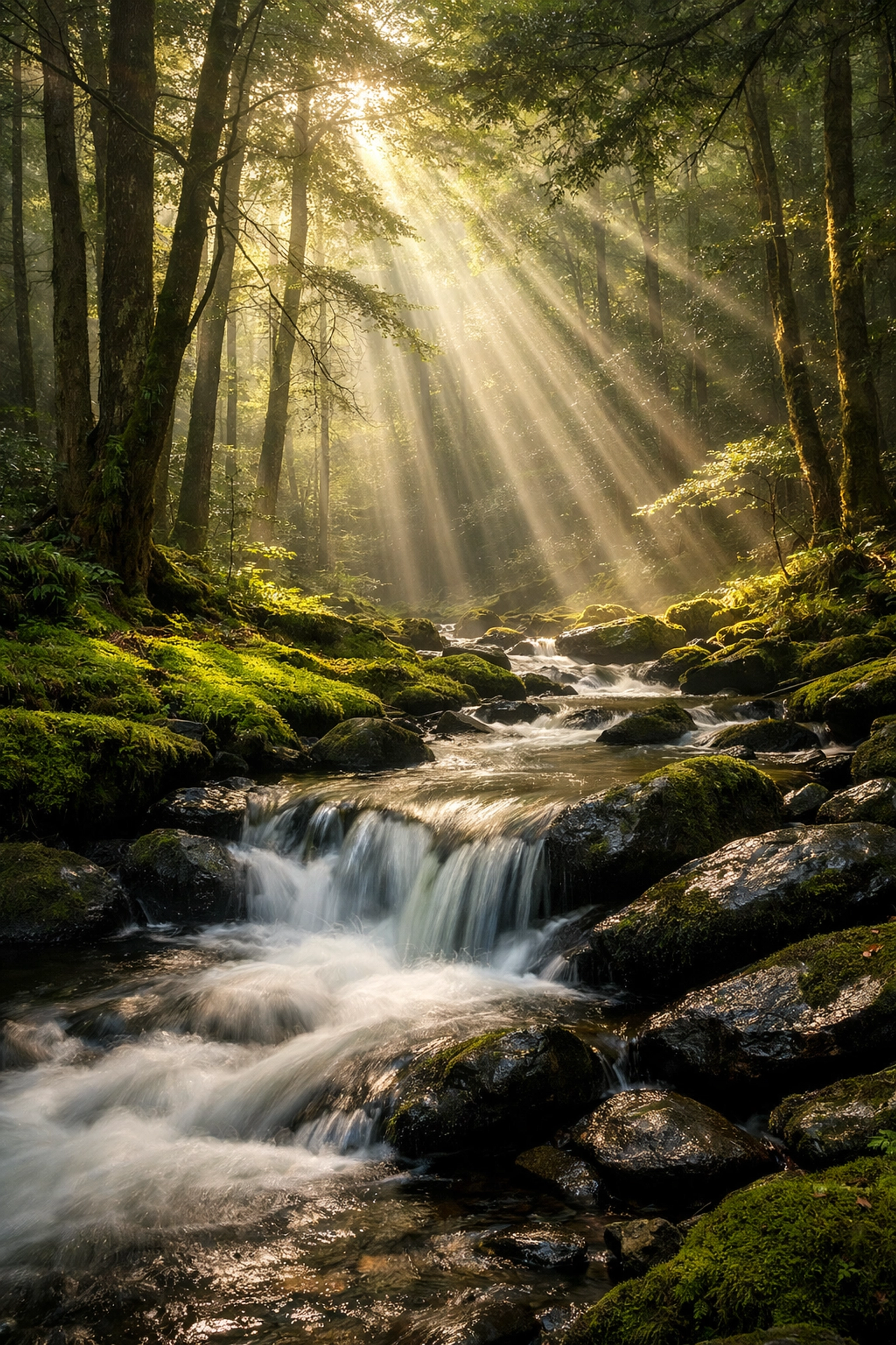 Sunbeams filter through trees in Great Smoky Mountains National Park, a serene nature photography spot.
