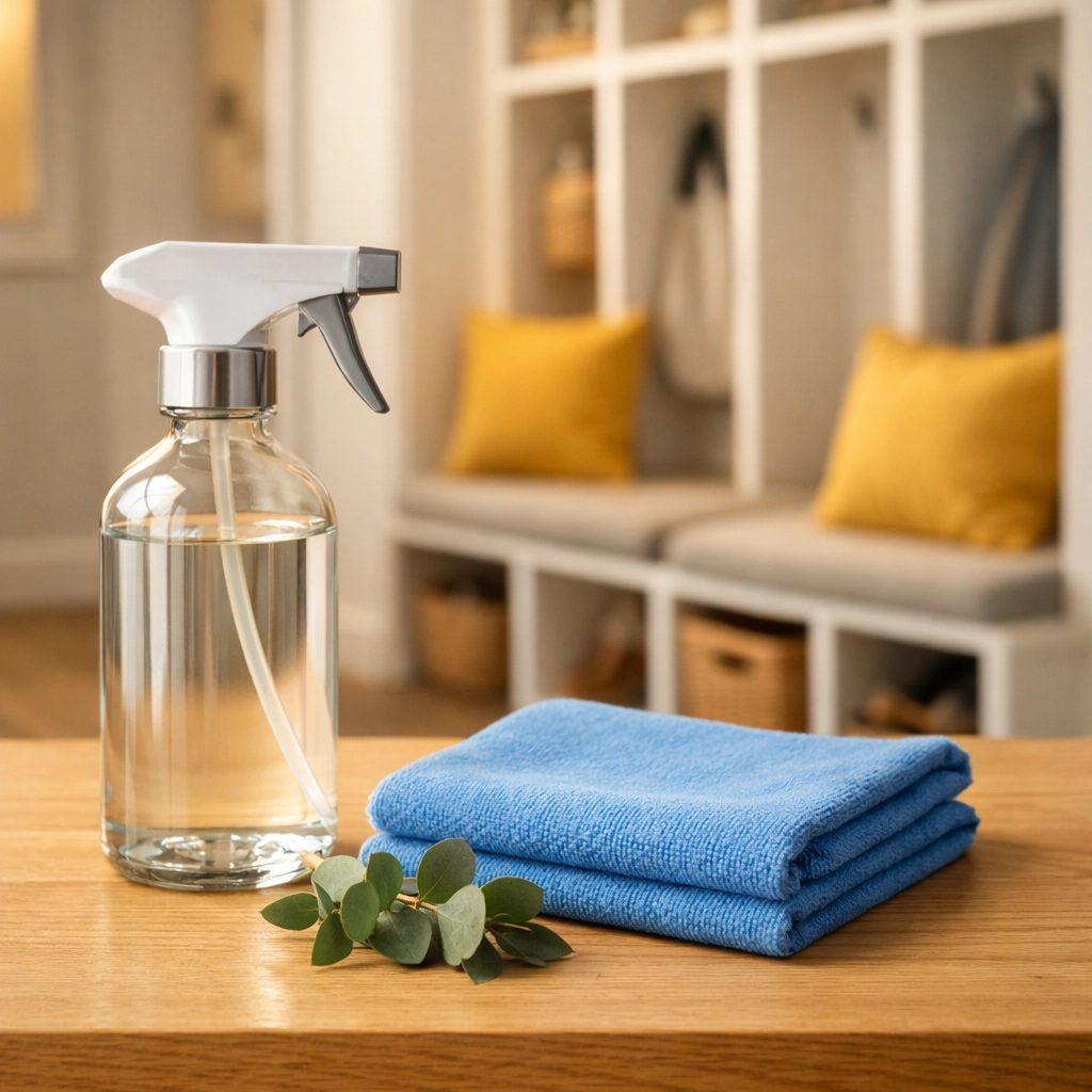 Eco-friendly Hamilton luxury house cleaning supplies used in a high-end modern mudroom.