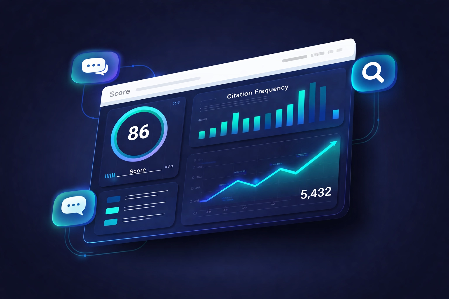 Modern dashboard graphic displaying AI citation analytics and ModelScore, visualizing how Citemetrix tracks AI search visibility and performance.