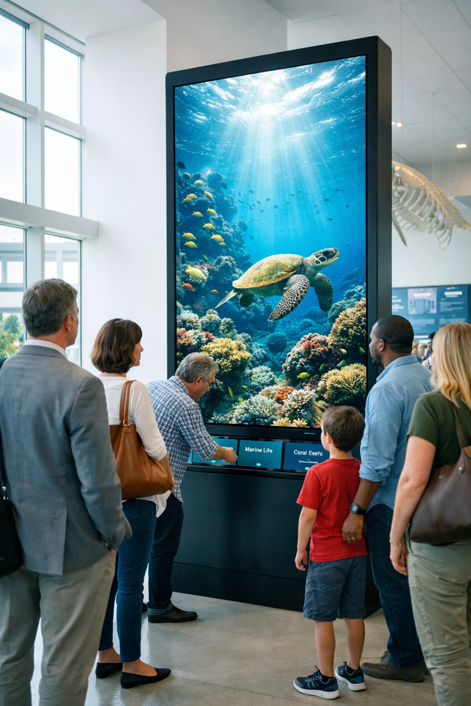 Large interactive digital signage display in an aquarium lobby showcasing educational wildlife conservation content.