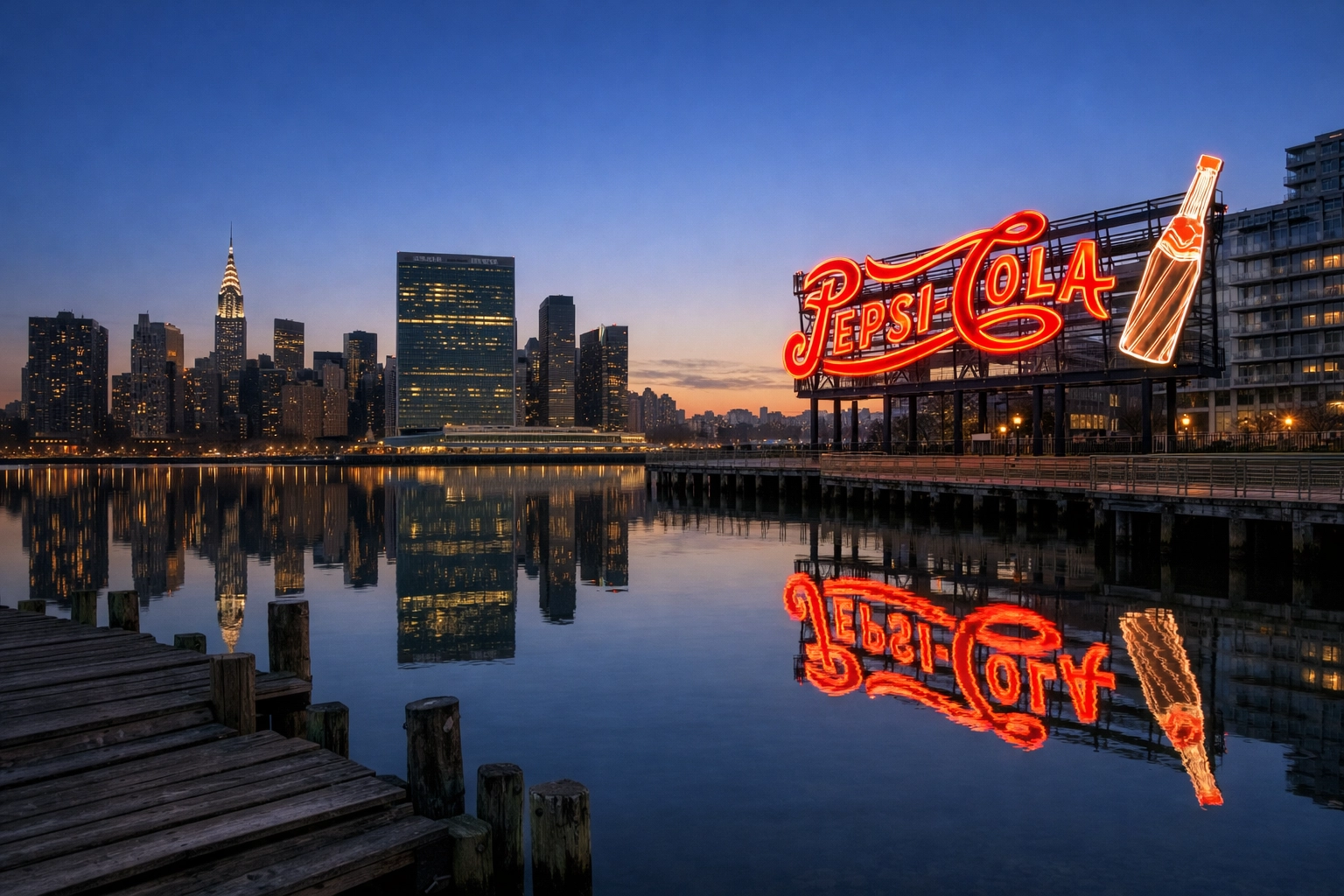 Sunrise reflection of the Chrysler Building and Pepsi-Cola sign at Gantry Plaza State Park in Long Island City.