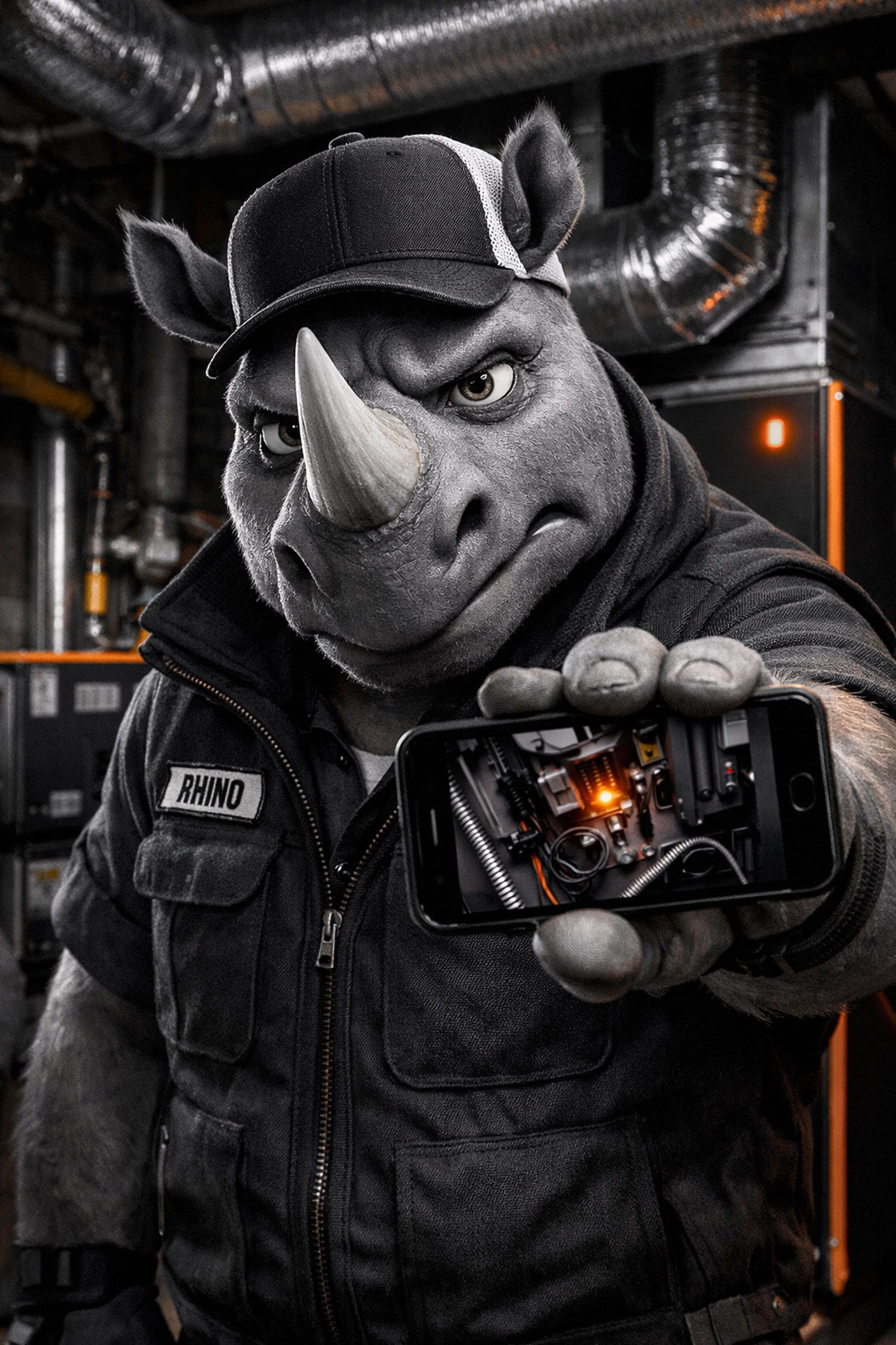 Ramblin' Rhyno mascot using a smartphone to show live video of an HVAC unit during a service call.