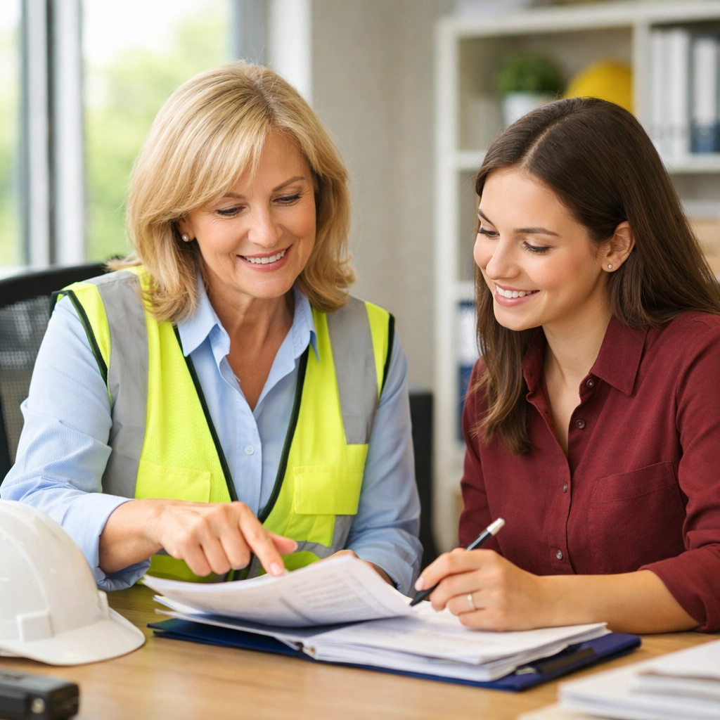 Female safety manager mentoring younger professional in office workplace setting