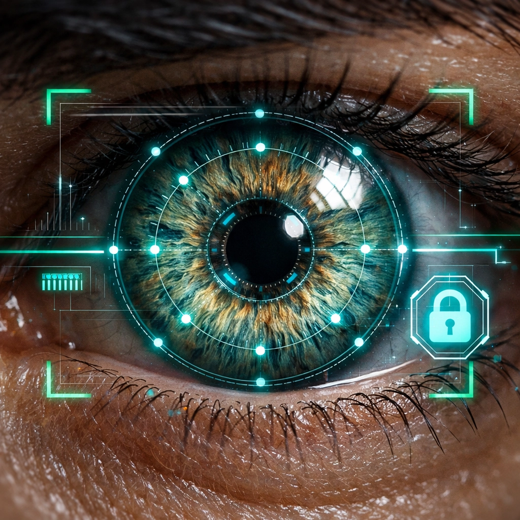 Biometric iris scanning technology with holographic interface for secure identity verification.
