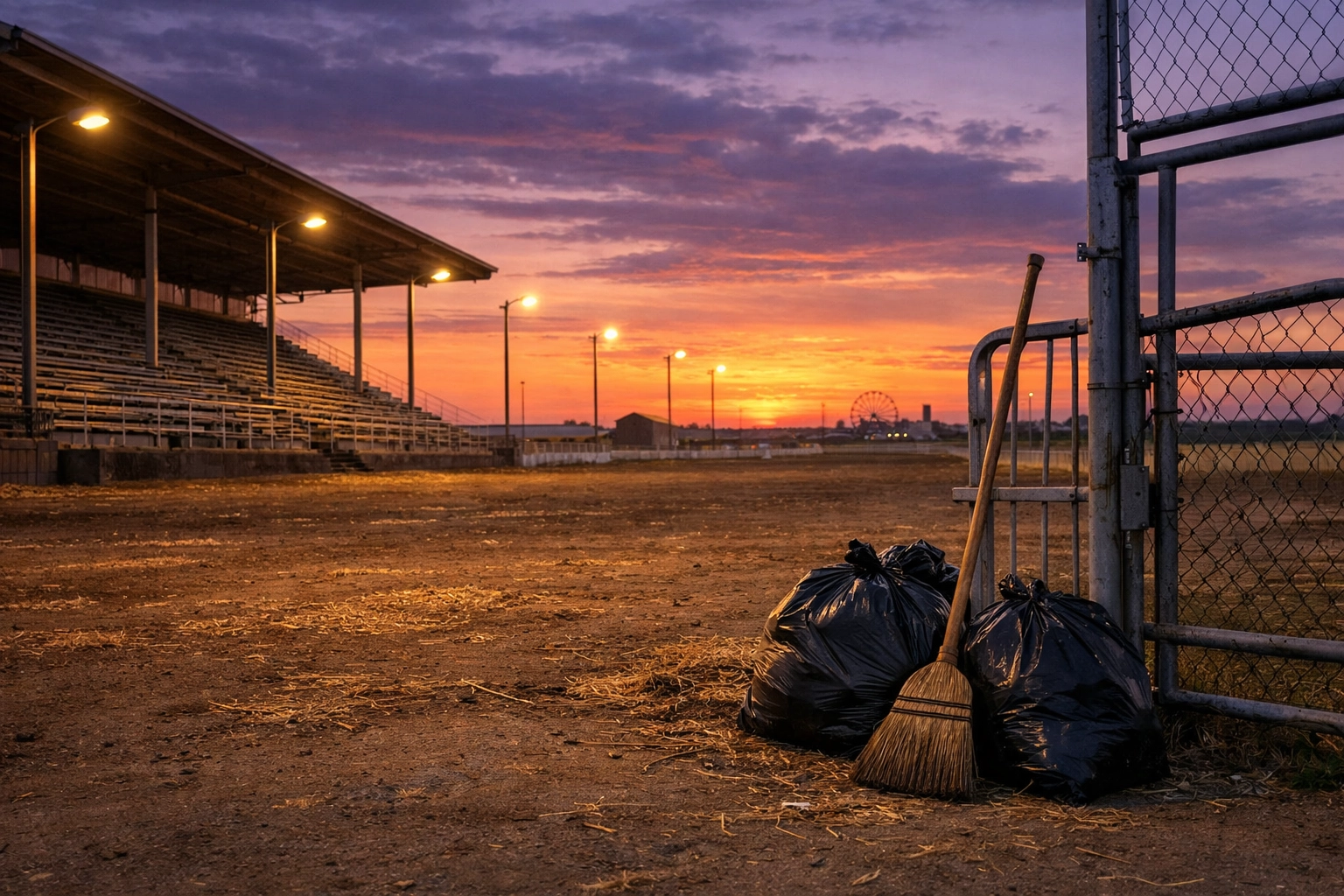 Sunset over a Canadian prairie fairground with empty grandstands after a long successful day.