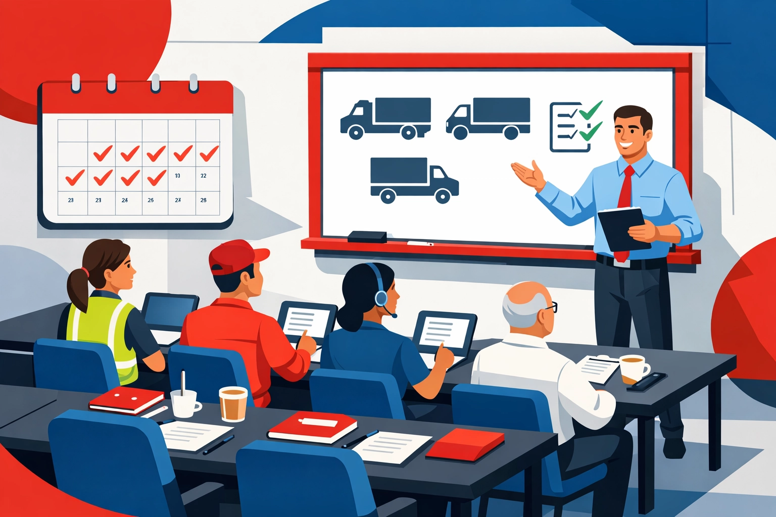 Transport professionals in training classroom with scheduled course calendar on wall