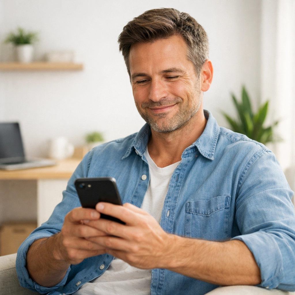 Patient using a smartphone for a simple and stress-free online weight loss medical consultation.