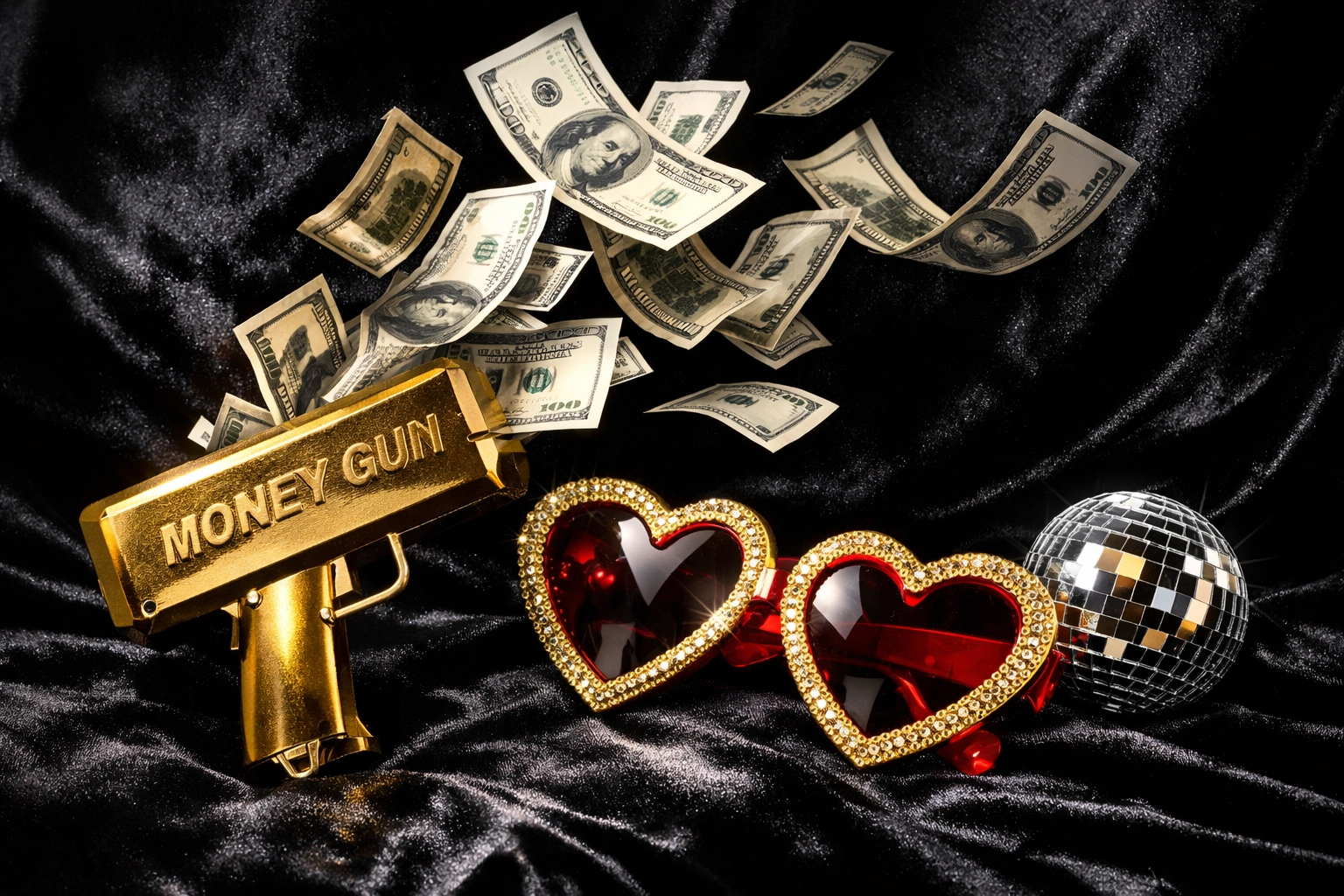 Premium 360 photo booth props including a gold money gun for a customized Bakersfield event.