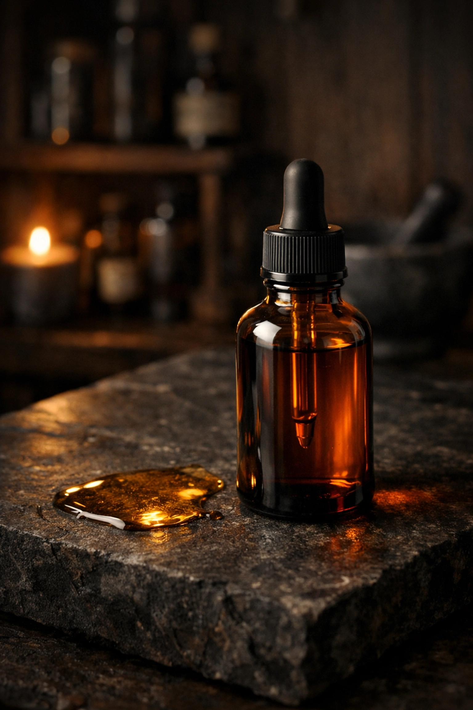 Premium amber glass beard oil bottle showing high-quality carrier oil consistency.