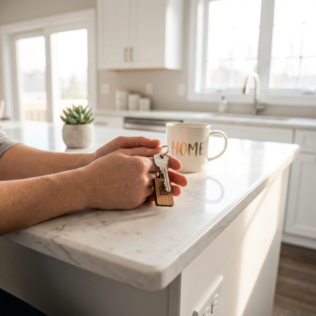 Closeup of hands holding a house key in a bright Vancouver kitchen, symbolizing successful home buying in 2026.