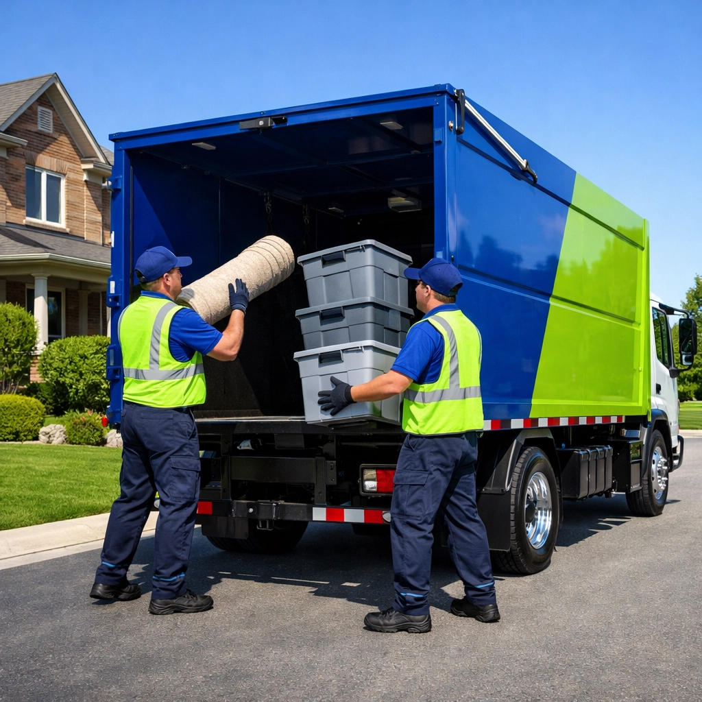 Junk GTA team loading a professional truck in an East Gwillimbury driveway for eco-friendly junk removal.