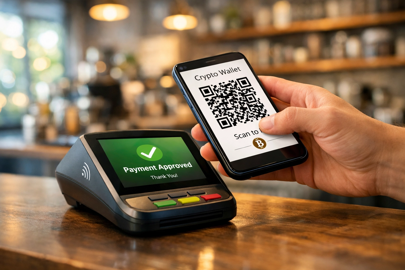 Crypto POS terminal accepting contactless Web3 payment from customer smartphone wallet