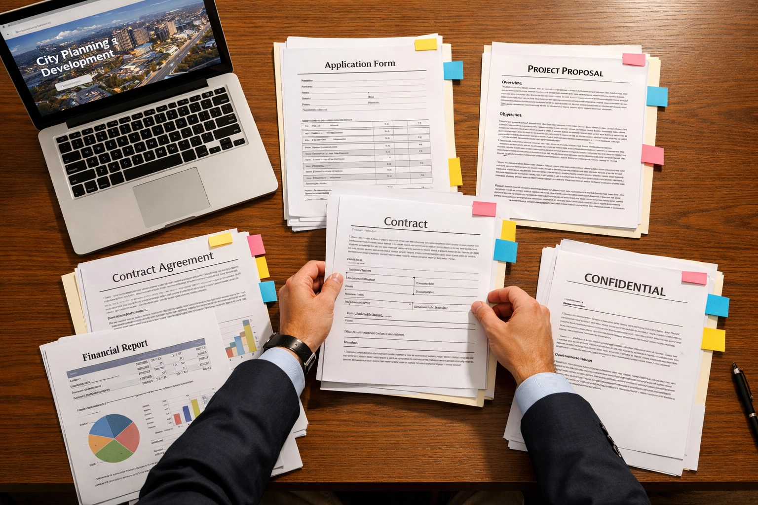 Hands organizing permit application documents and forms with laptop for complete submission