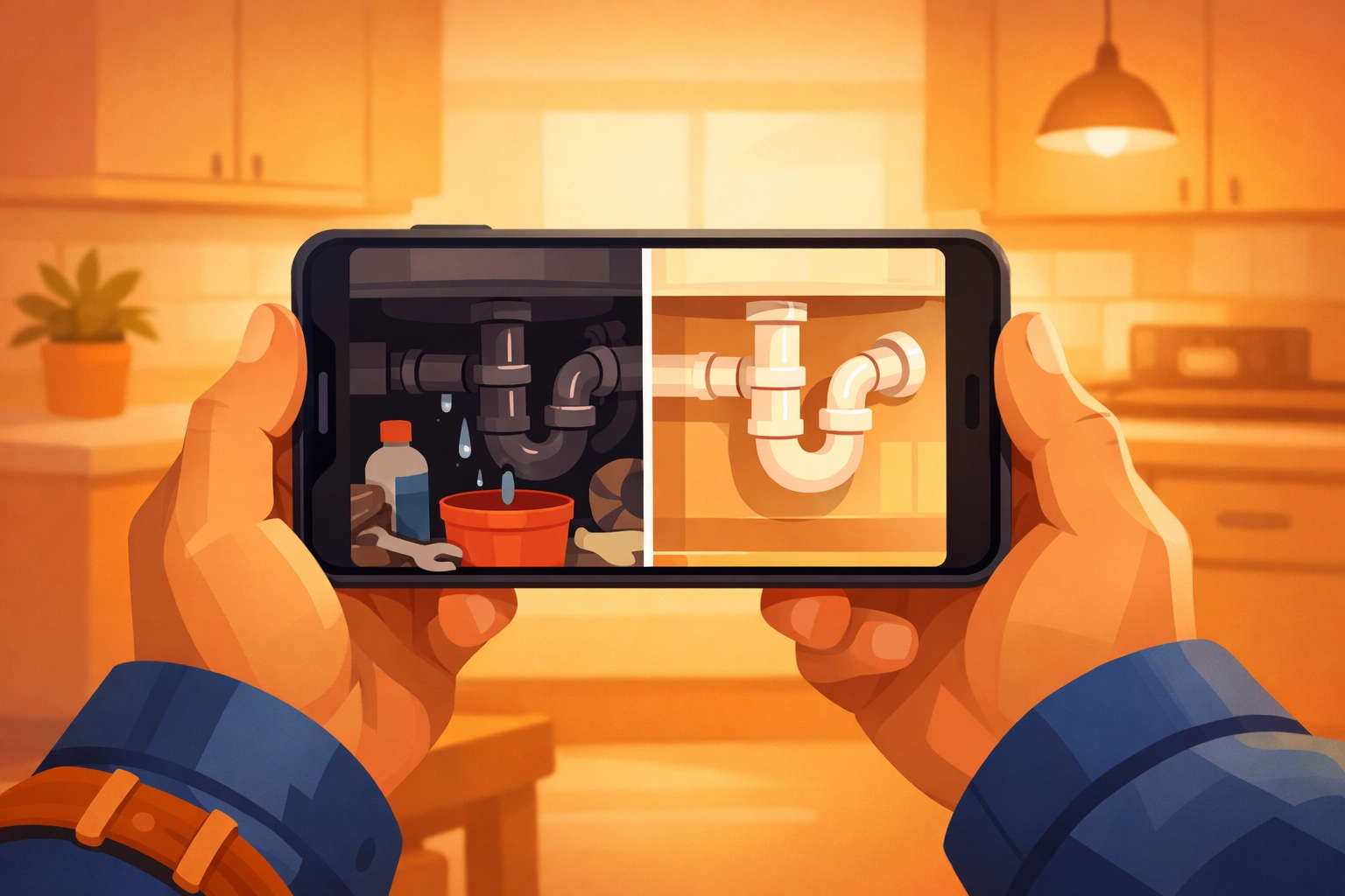 Split-screen smartphone showing before and after photo app documentation for a plumbing repair.