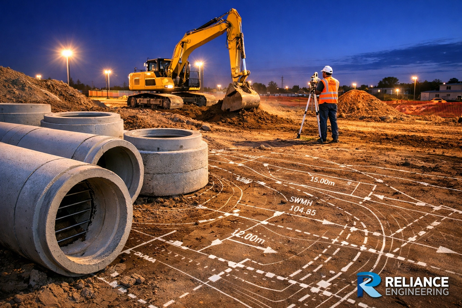 Active Ontario construction site showing site grading and underground servicing for land development.