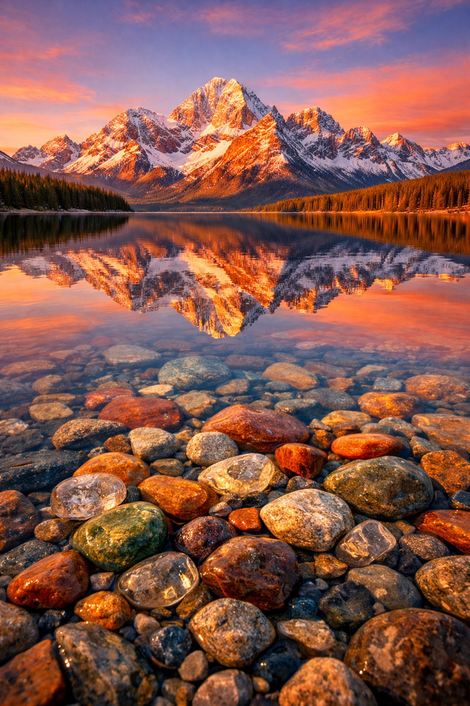 Sharp focus on river stones and distant mountains showing depth of field landscape photography tips.