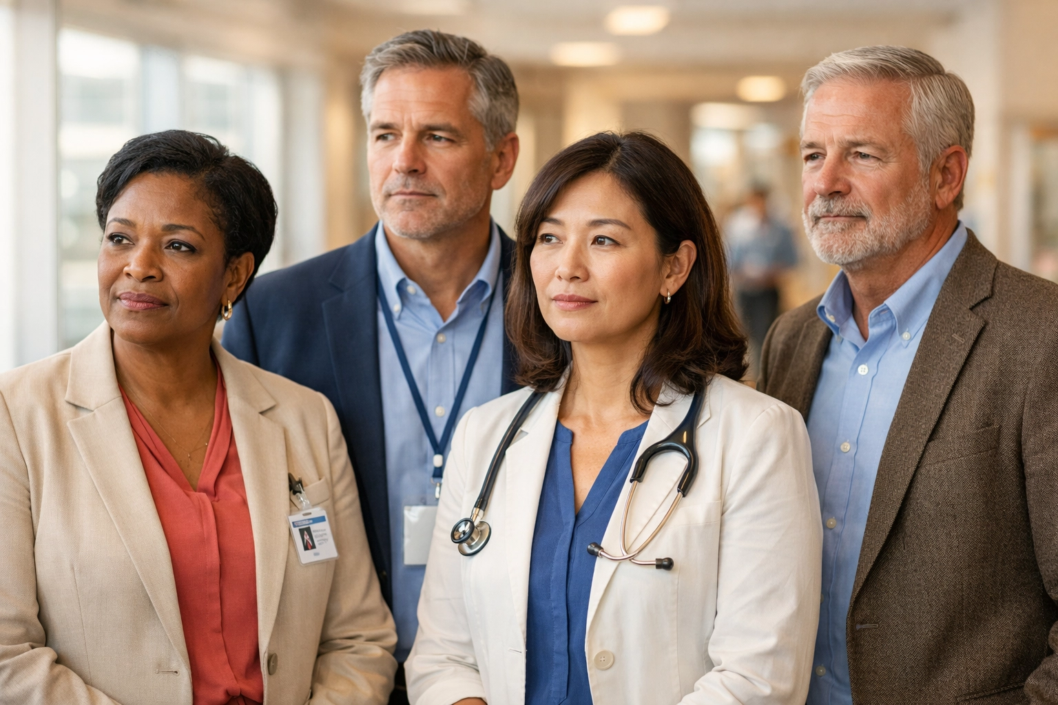 Healthcare executives discussing leadership succession planning challenges in hospital corridor