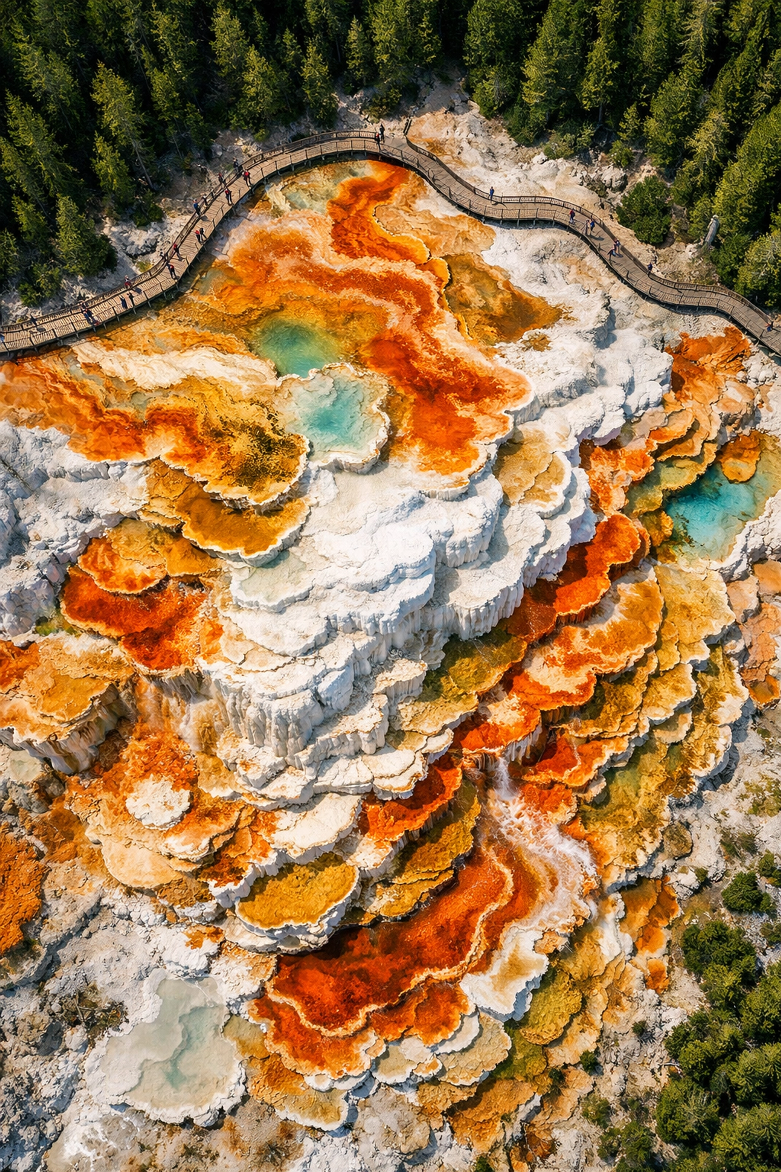 Aerial view of colorful thermophilic bacteria on the white travertine terraces of Mammoth Hot Springs.