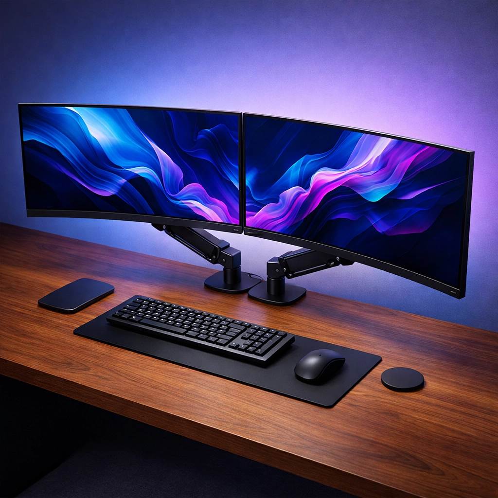 Ergonomic dual monitor workstation setup with adjustable arms to reduce neck and eye strain.