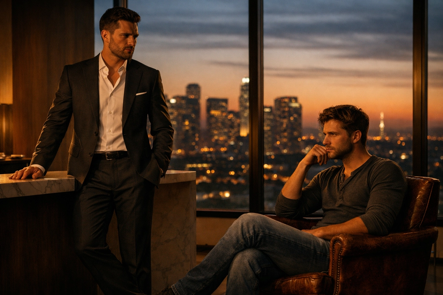 Two men in luxury apartment illustrating MM romance class divide and wealth disparity