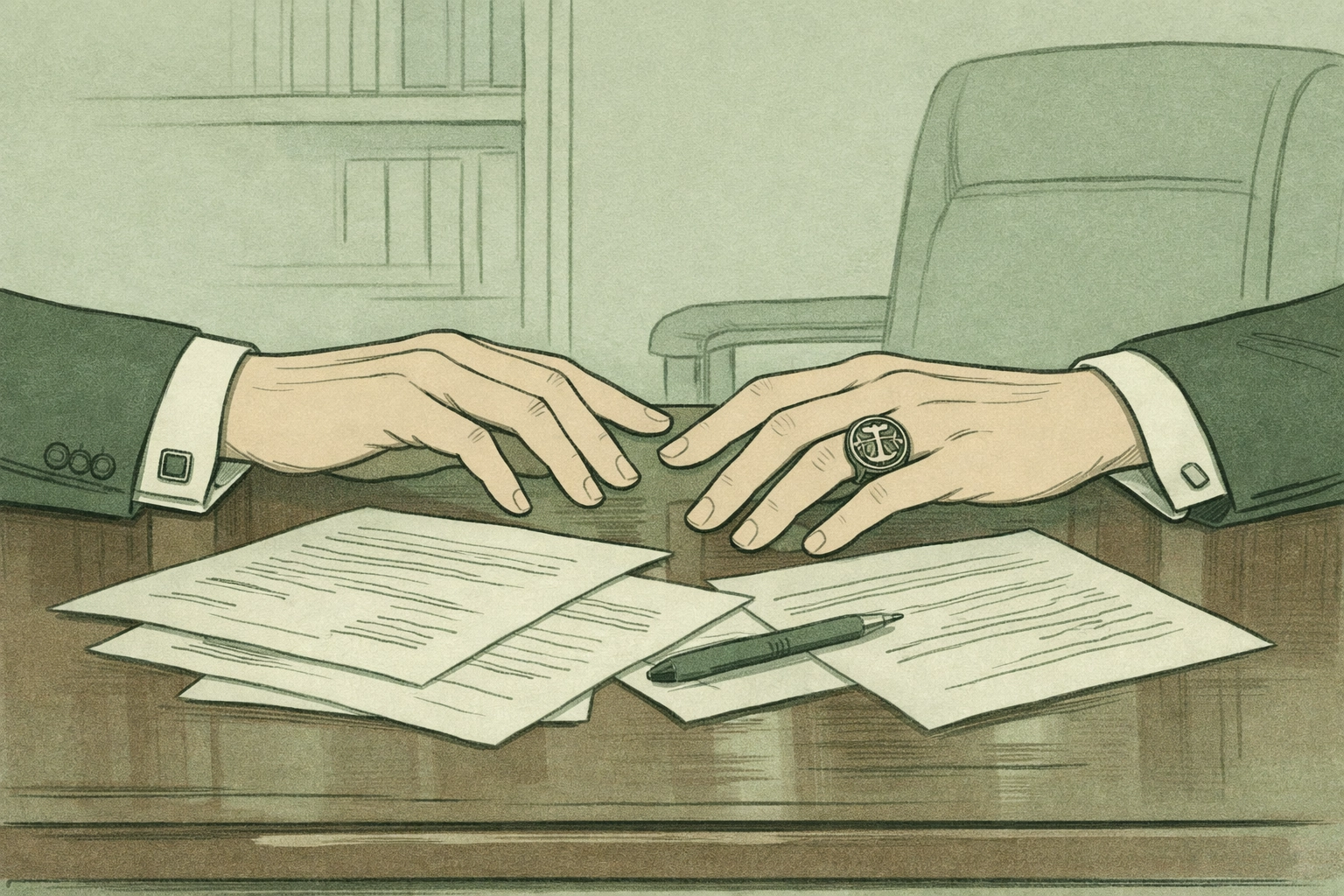 Two men's hands nearly touching across desk with legal documents - forbidden political attraction