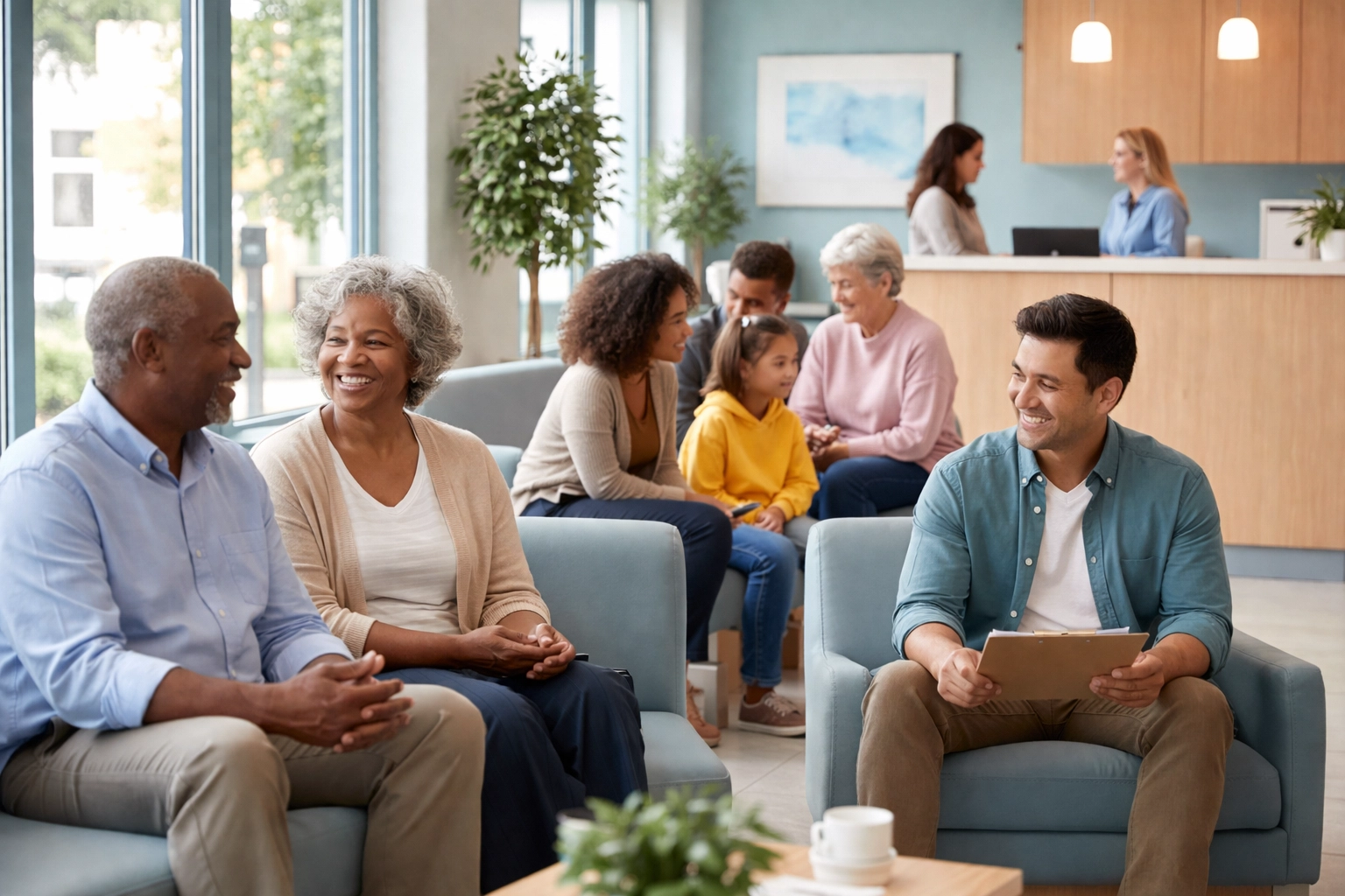 Diverse patients in a clinic waiting area, reflecting inclusive healthcare and multilingual AI documentation needs.