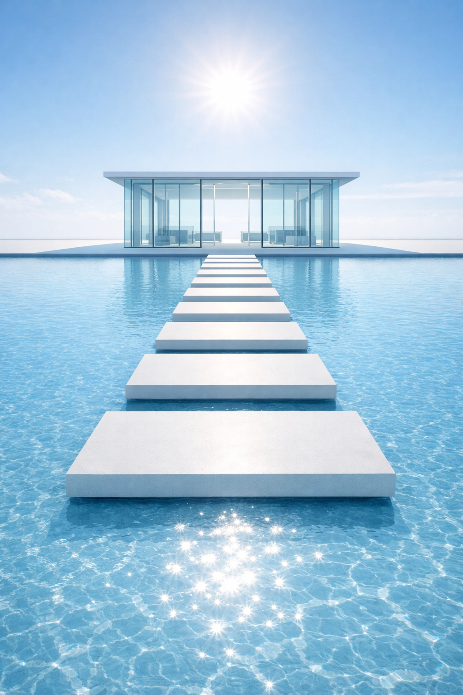 Stepping stones across clear blue water symbolizing a guided path to selling a pool route for max profit.