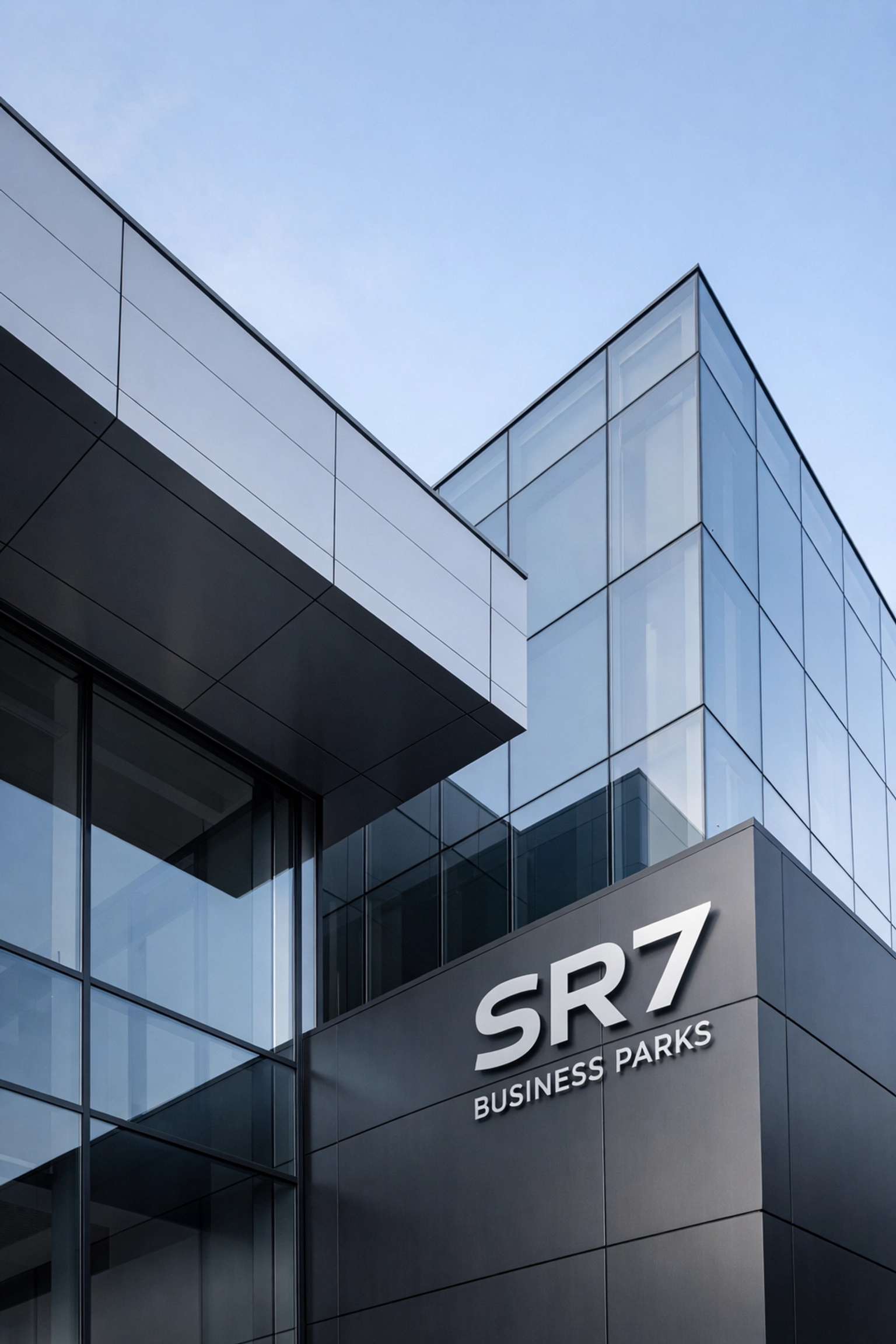 Modern glass exterior of a Seaham business park unit representing a professional digital storefront for local companies.