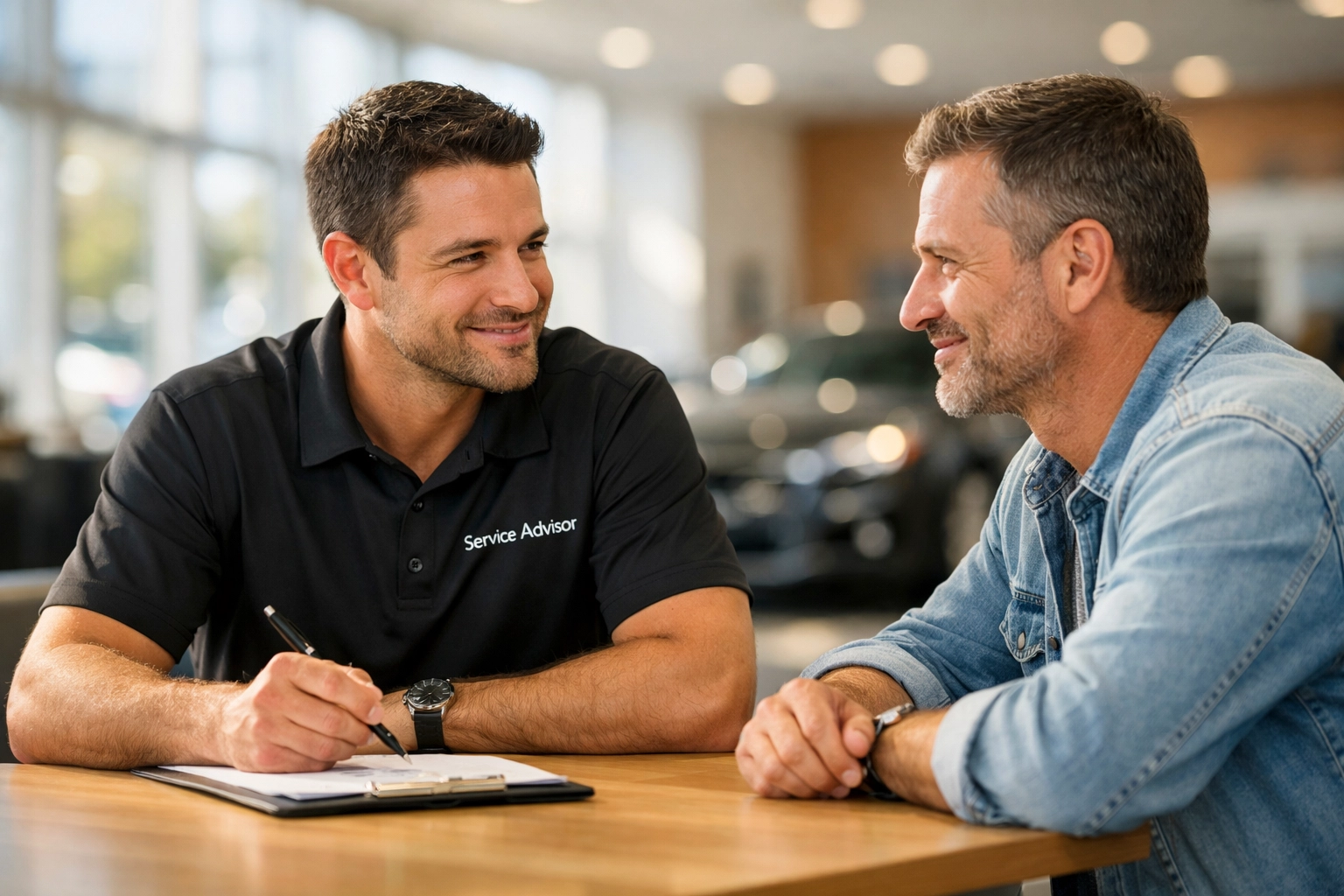 Trusted advisor showing professional service advisor training through an empathetic automotive service consultation.