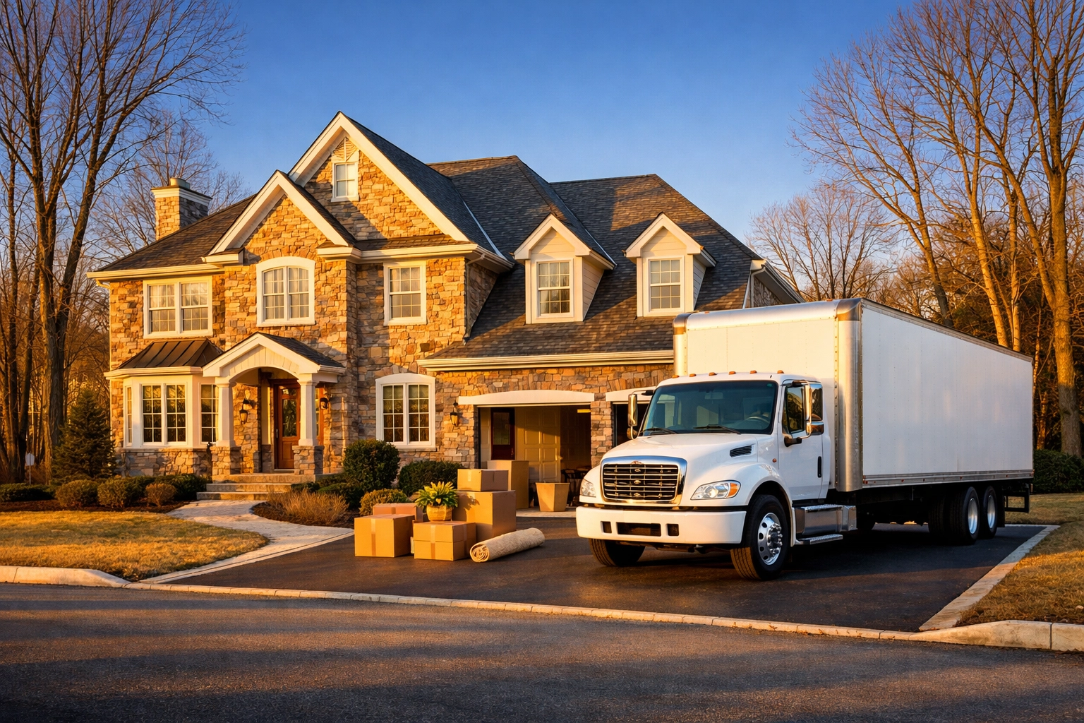 A moving truck at a stone-front Lower Merion home, representing a stress-free Philadelphia real estate trade-in. A moving truck at a stone-front Lower Merion home, representing a stress-free Philadelphia real estate trade-in.
