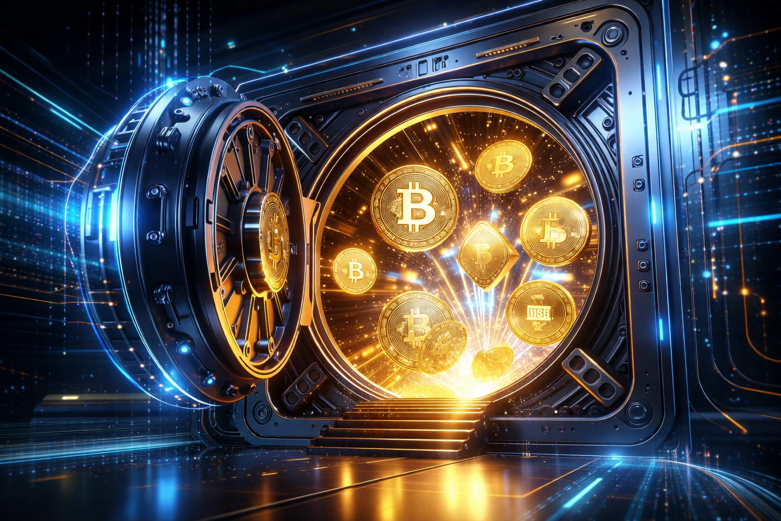 A secure digital vault releasing glowing crypto coins, symbolizing self-custody and financial freedom for merchants.