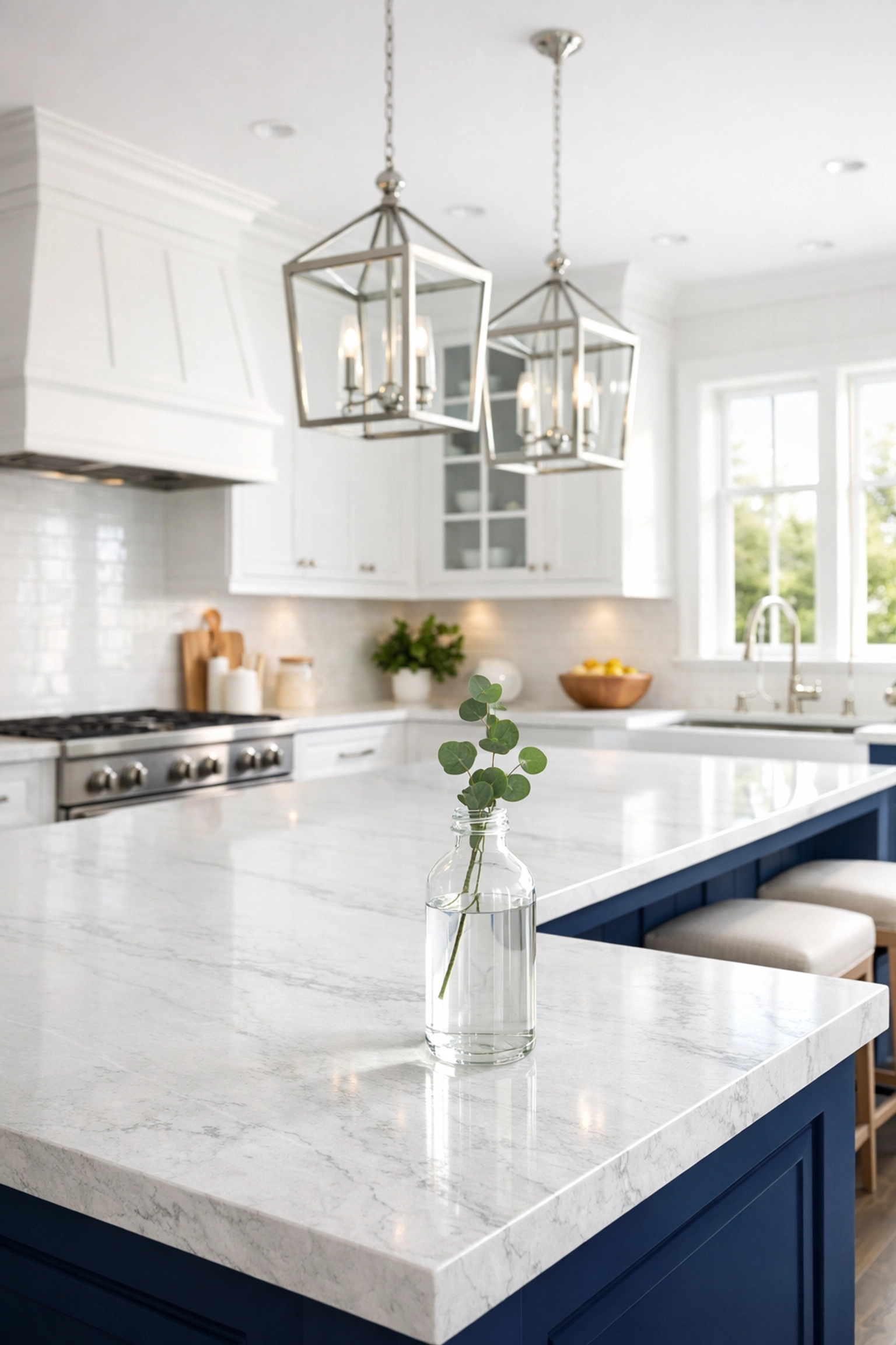 Pristine white and navy Dover kitchen featuring eco-friendly residential cleaning Massachusetts supplies.