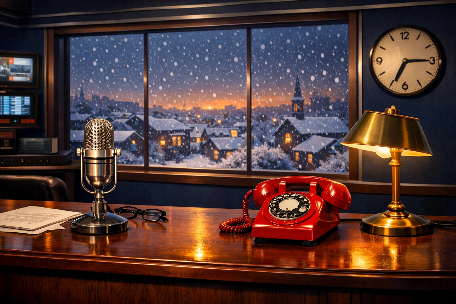 A vintage newsroom desk with a silver microphone overlooking a snowy city during a winter storm.