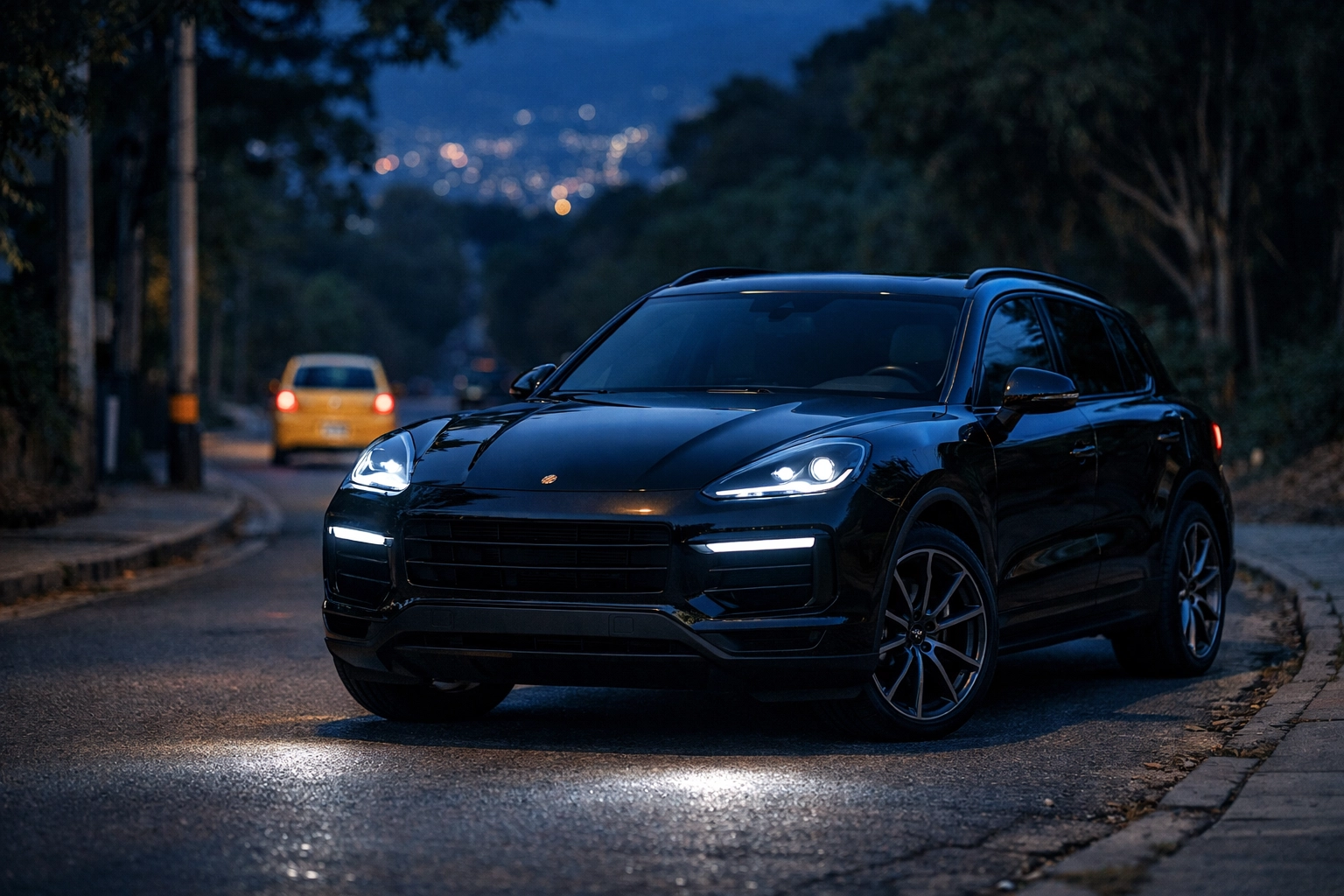 Secure black luxury transport vehicle in a Medellin suburb, offering a safe alternative to risky street taxis.
