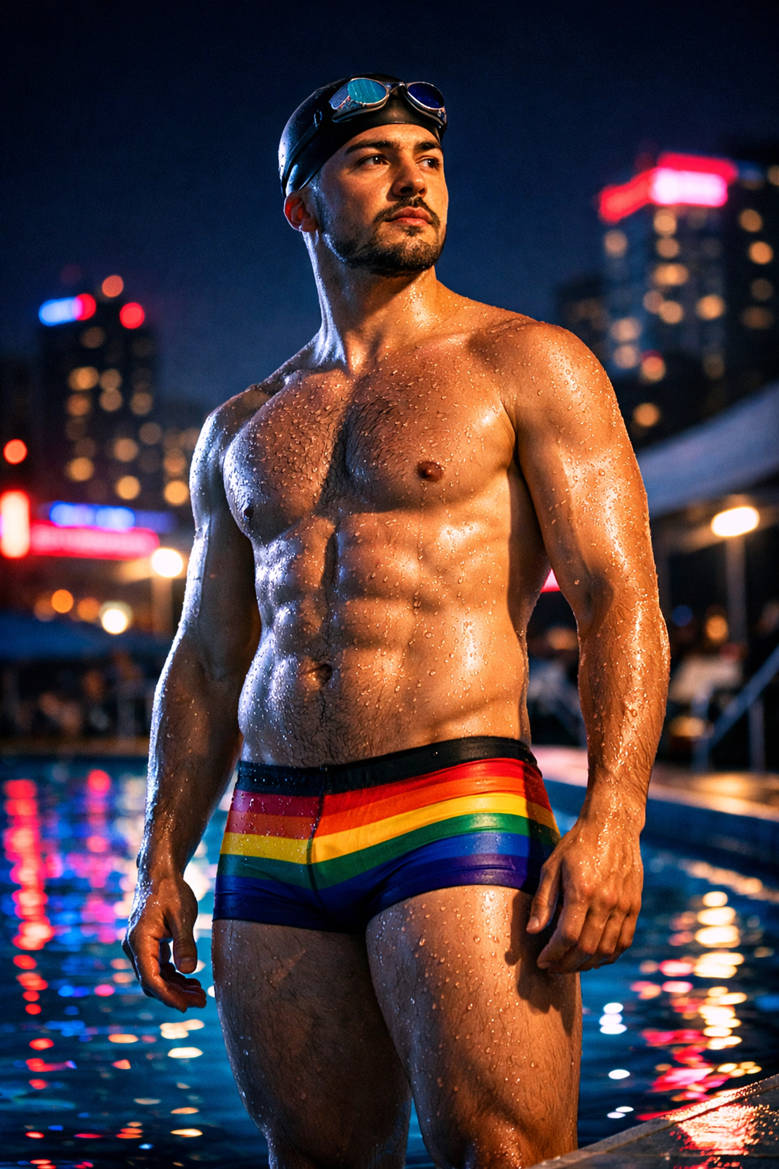 Transgender male athlete in pride swim trunks at a nighttime swimming competition.