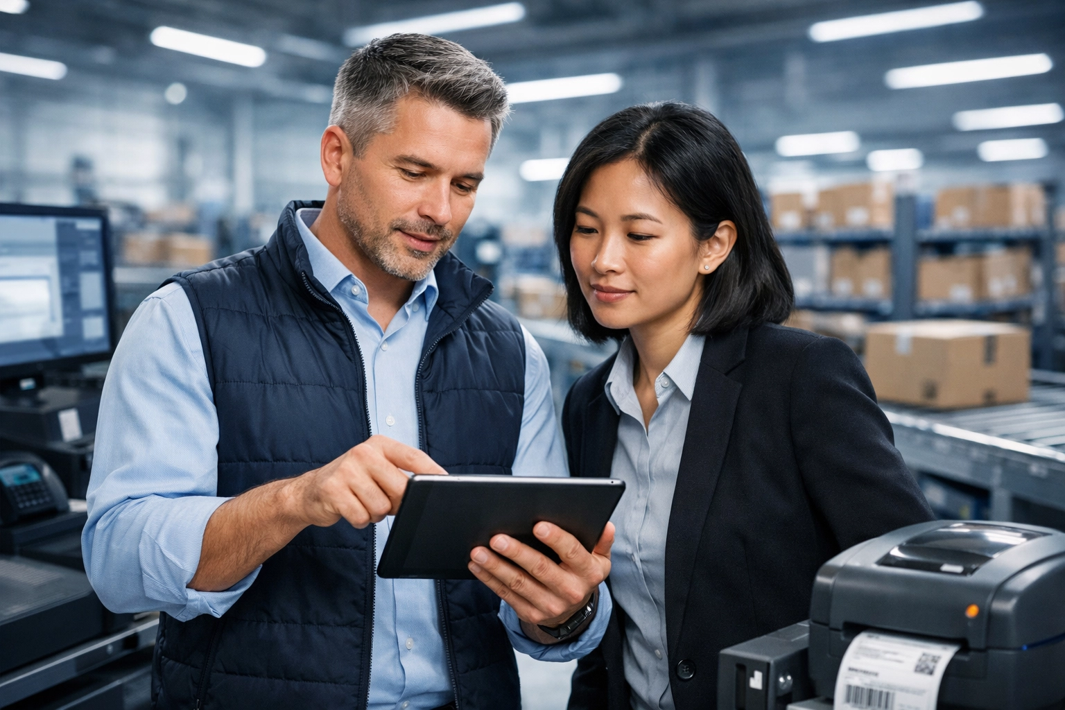 Warehouse managers at Lanta LLC using a tablet for real-time collaboration in a fulfillment center.