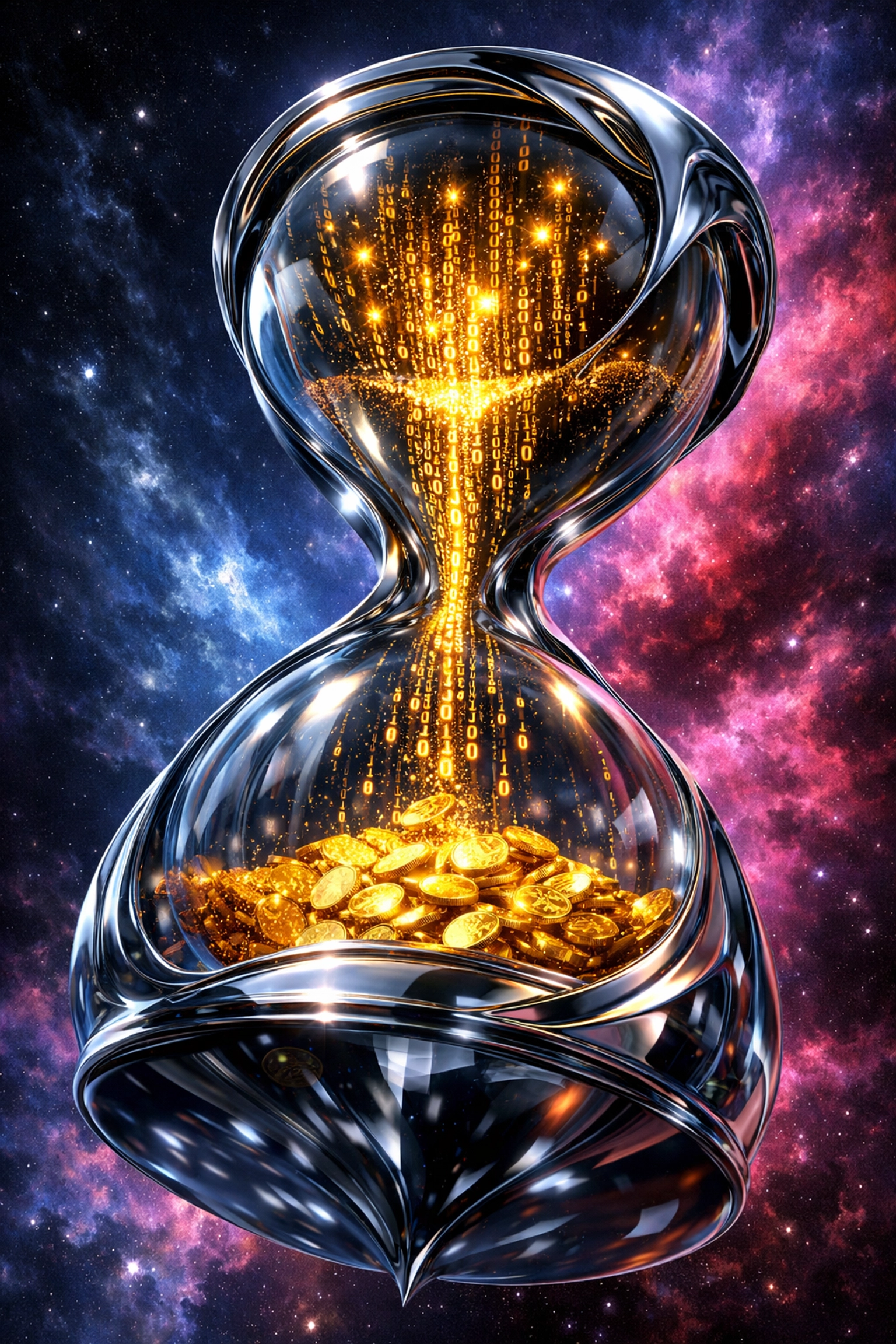 Digital hourglass turning code to currency representing automated time-lock funds in a freelance contract.