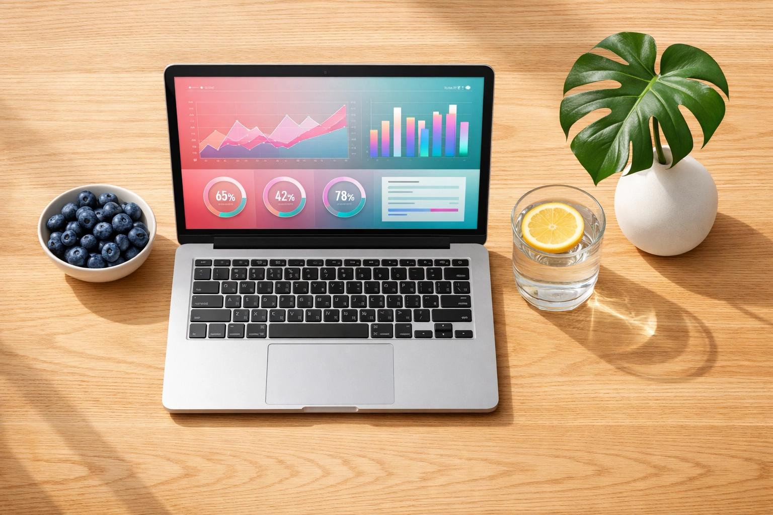 Laptop showing email marketing analytics on a professional desk with healthy snacks.