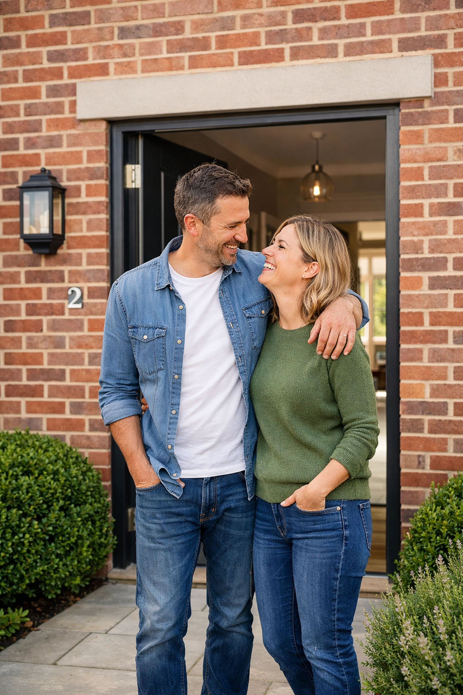 Happy couple standing in the doorway of their new home in Enfield after mortgage completion.
