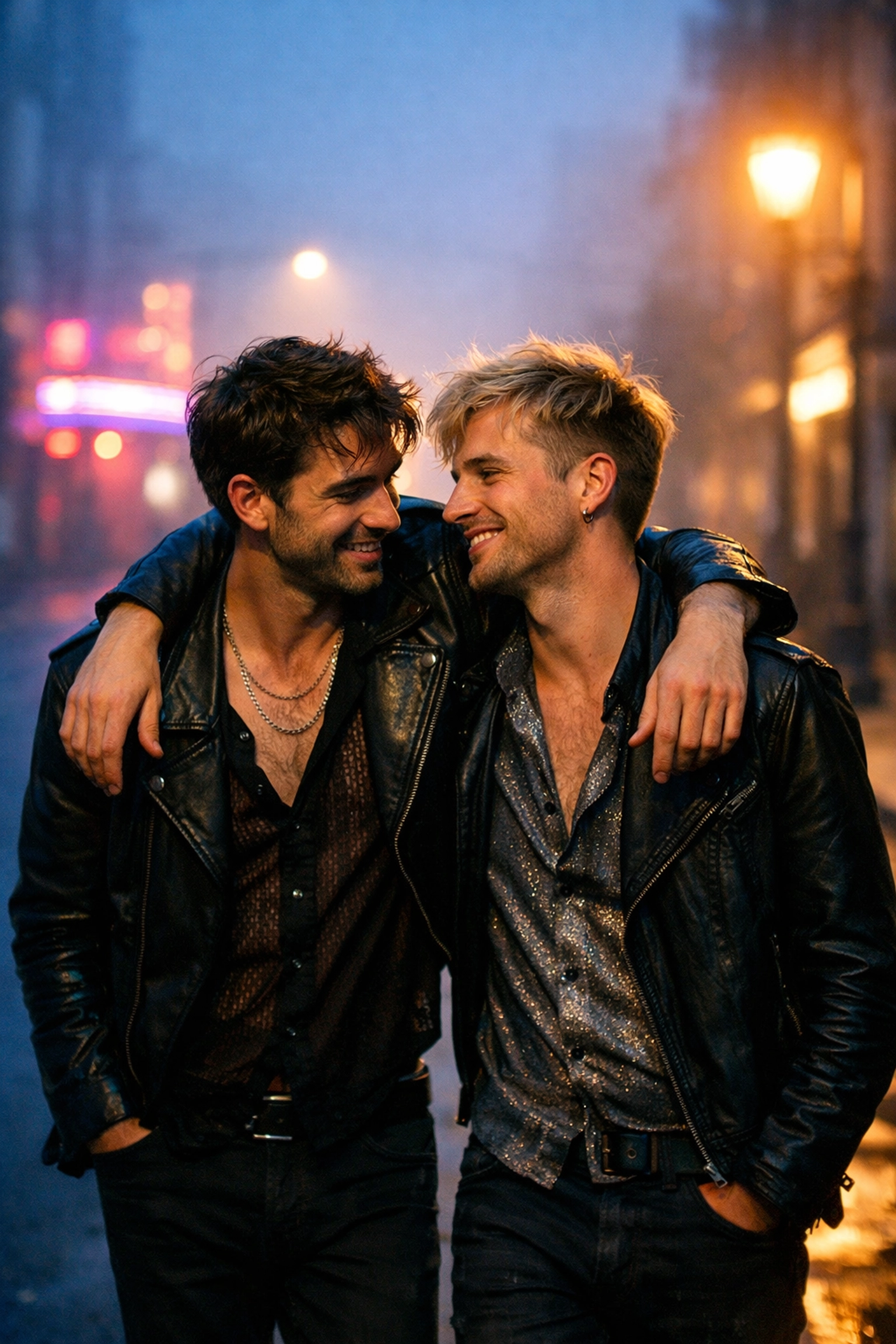 Gay couple walking home at dawn after a club visit, experiencing the post-rave afterglow and connection.