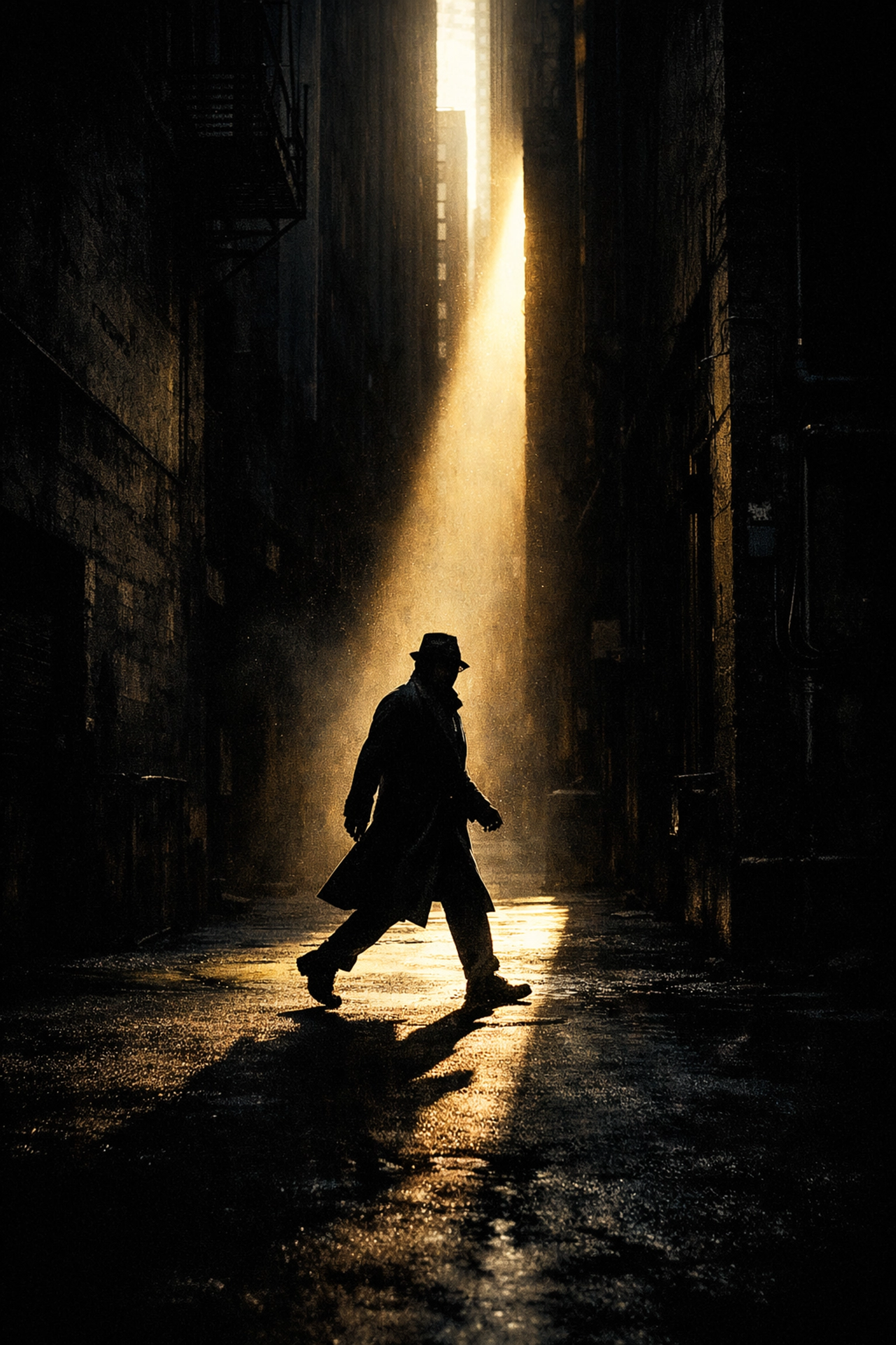 A person in a shaft of light amidst deep shadows demonstrating light and shadow street photography ideas.