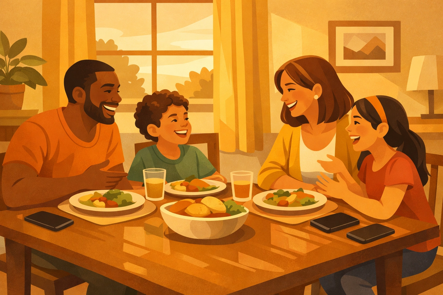 Family enjoying dinner together with phones set aside demonstrating healthy digital boundaries